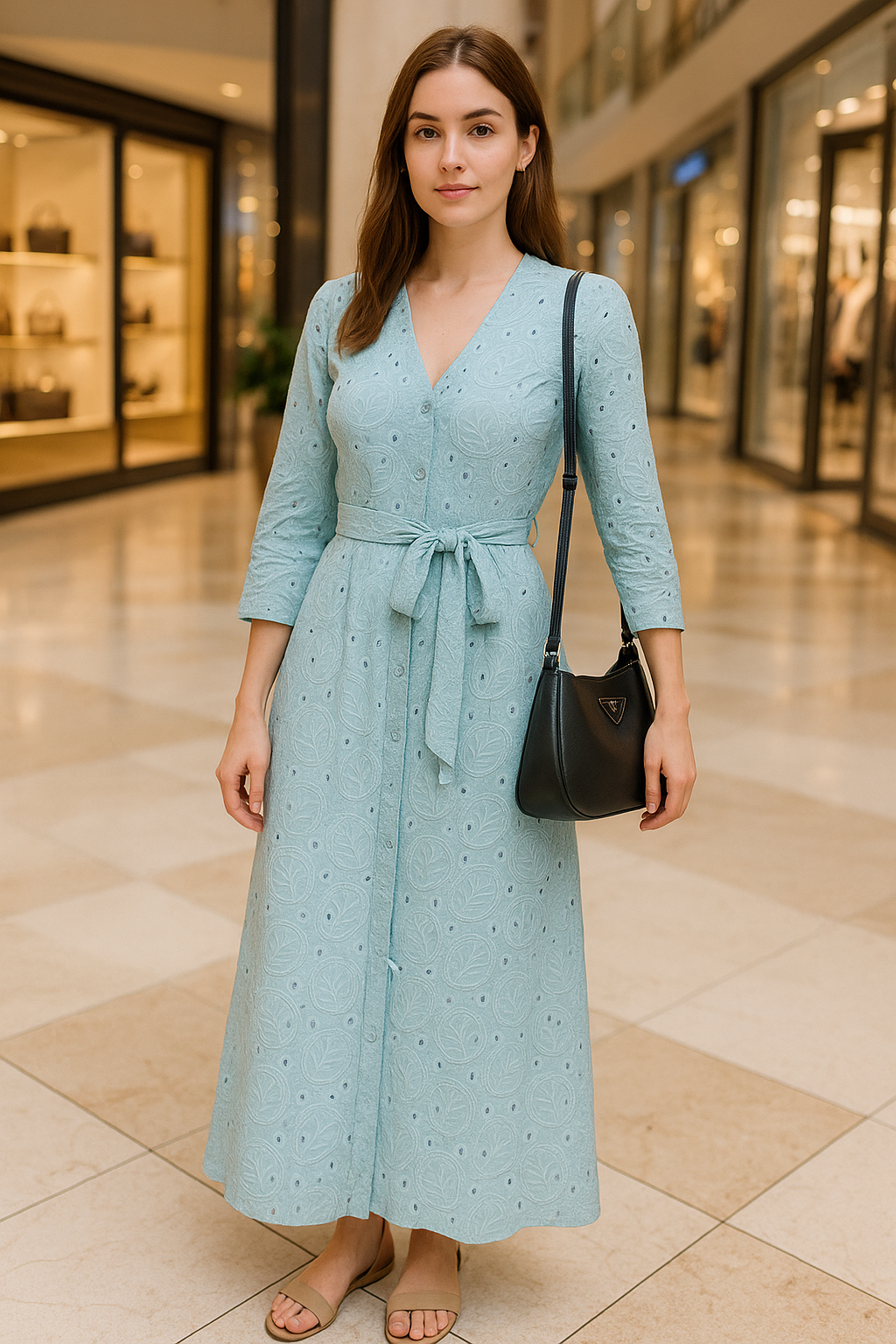 Cotton Blue Maxi Dress with Belt - BORNCELEBS