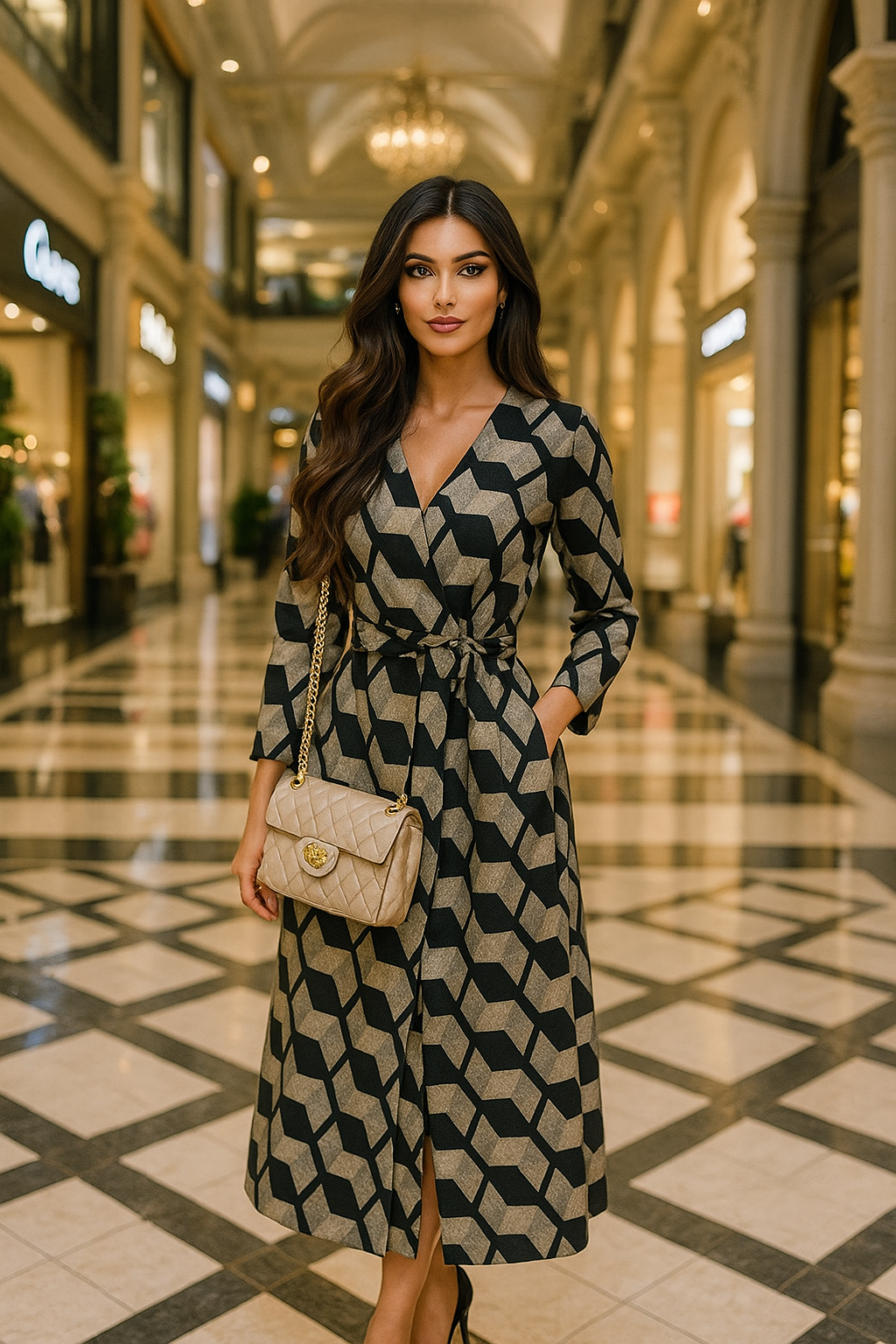 Classic Crepe Maxi Dress in Soft Black Block Print
