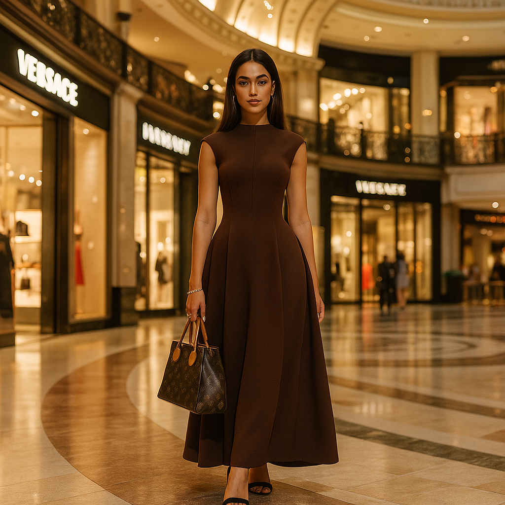 Mocha Long Dress Cap Sleeves - BORNCELEBS