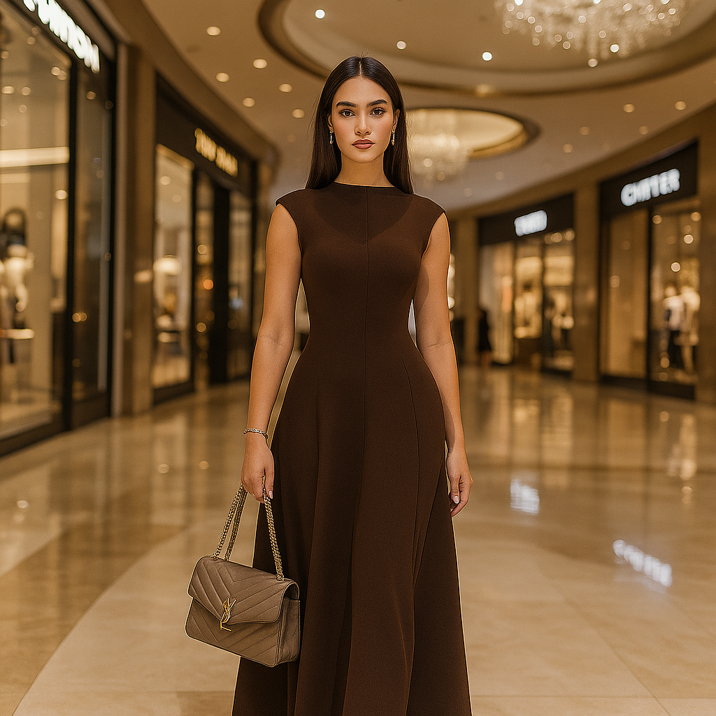 Mocha Long Dress Cap Sleeves - BORNCELEBS