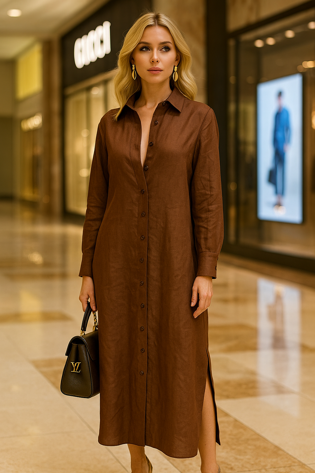 Brown Linen Shirt Dress - BORNCELEBS