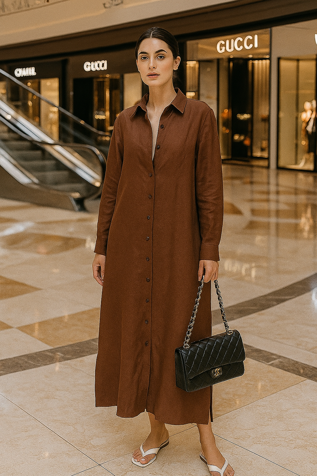 Brown Linen Shirt Dress - BORNCELEBS