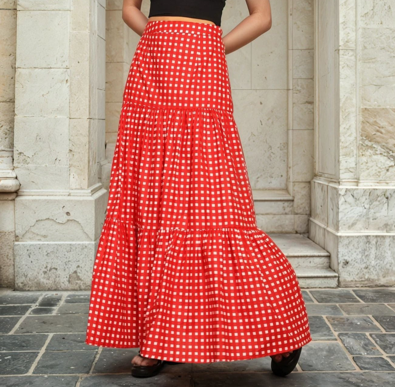 Premium Gingham Check Cotton Red Maxi Skirt - BORNCELEBS