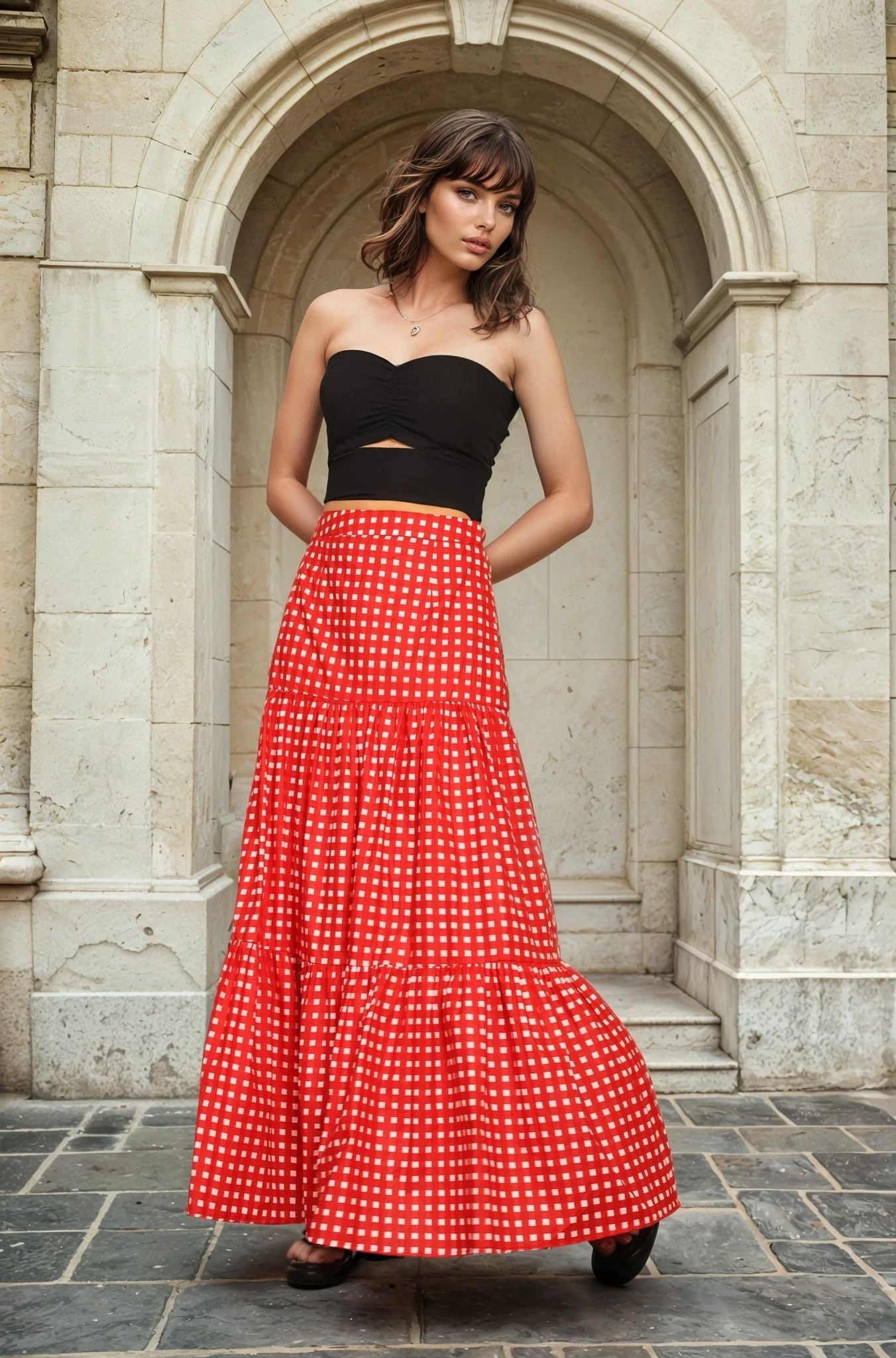 Premium Gingham Check Cotton Red Maxi Skirt - BORNCELEBS