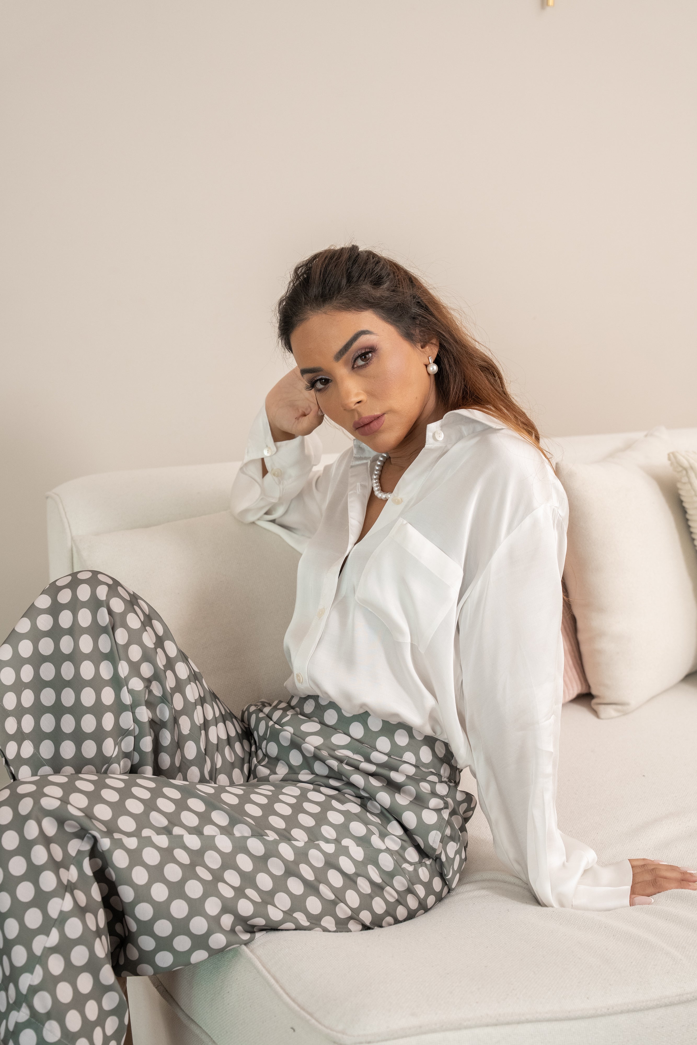 Polka Dots Pant and White Shirt Matching Set Spring Summer Formal Vacation Casual - BORNCELEBS