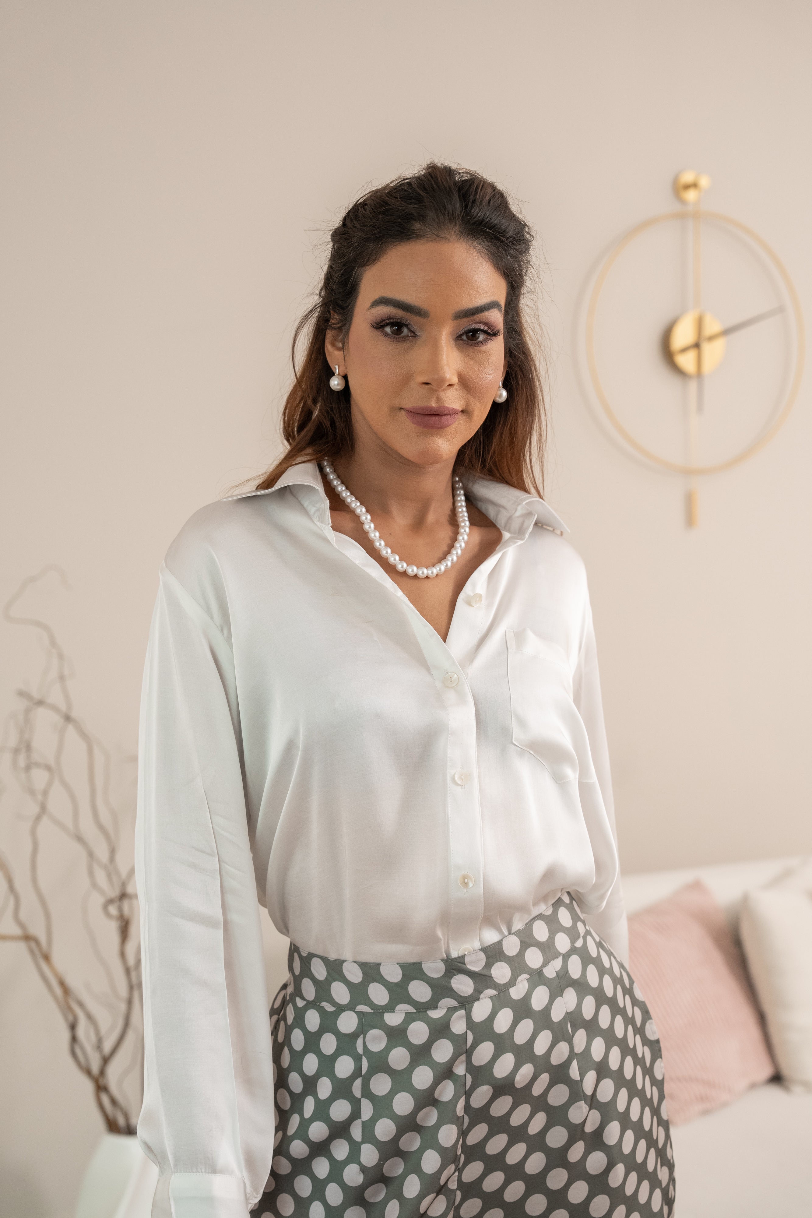 Polka Dots Pant and White Shirt Matching Set Spring Summer Formal Vacation Casual - BORNCELEBS