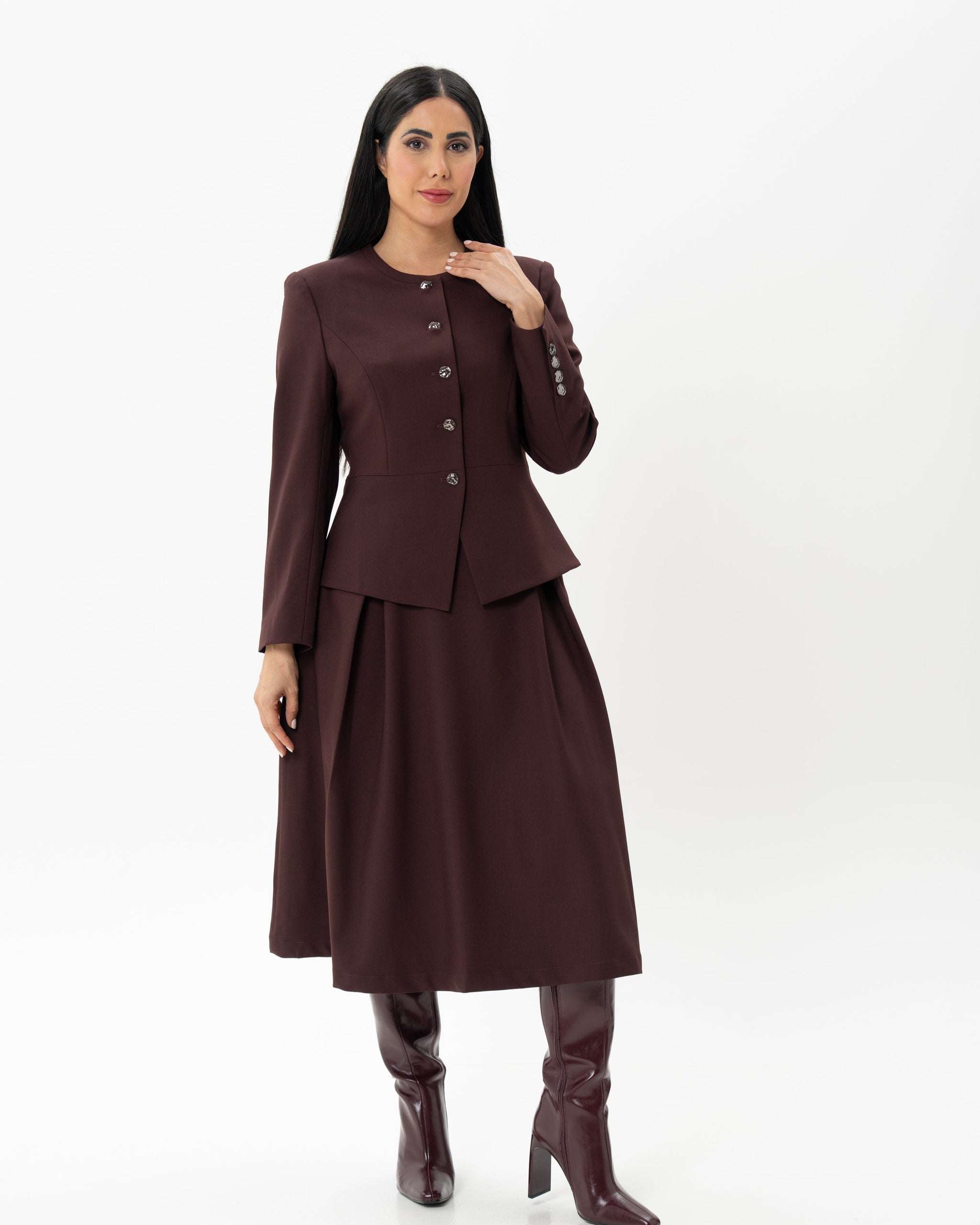 Double-Breasted Blazer and Pleated Skirt Co-Ord Set - Burgundy