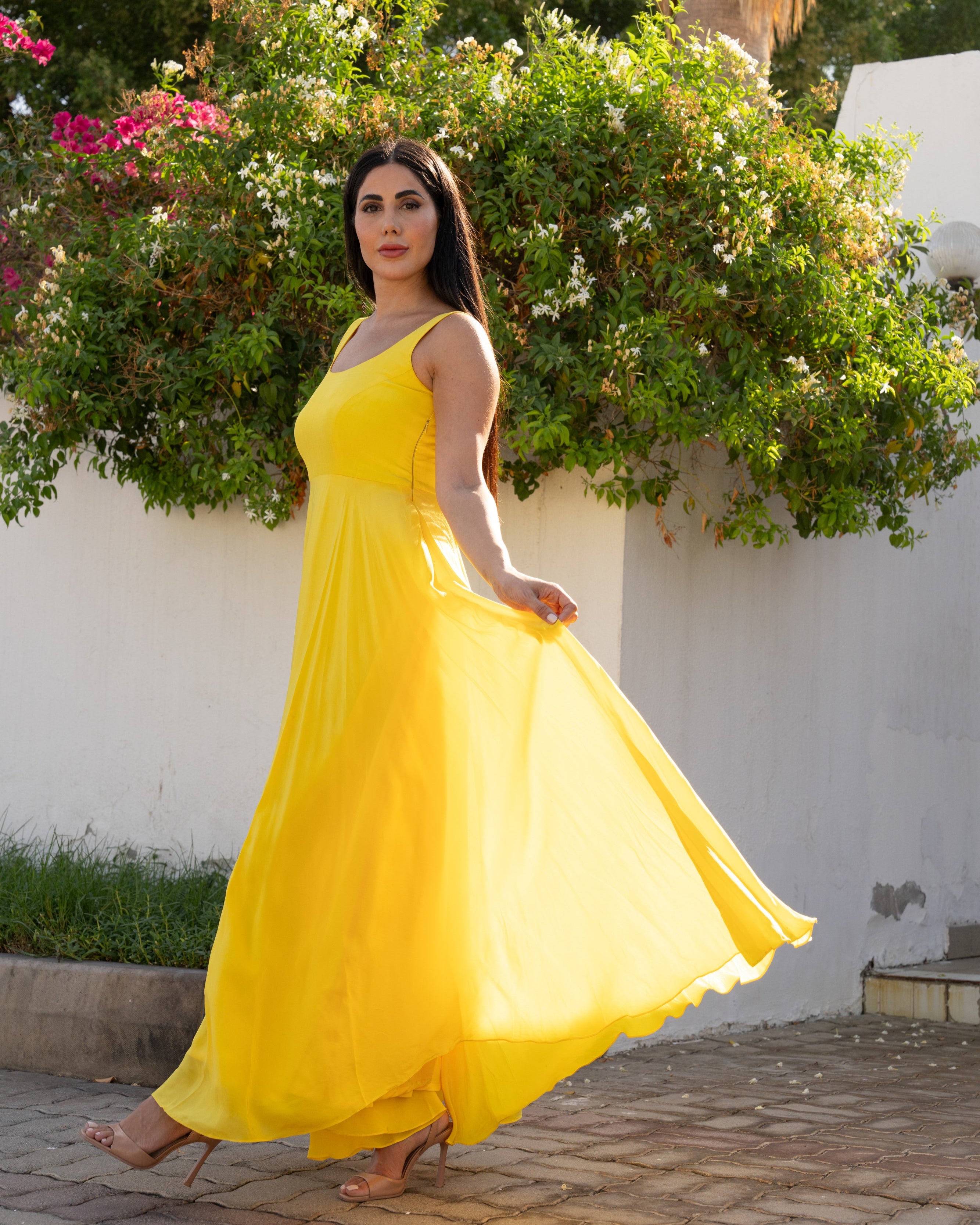 Viscose Silk Yellow Maxi Long Flared Dress Spring Summer - BORNCELEBS