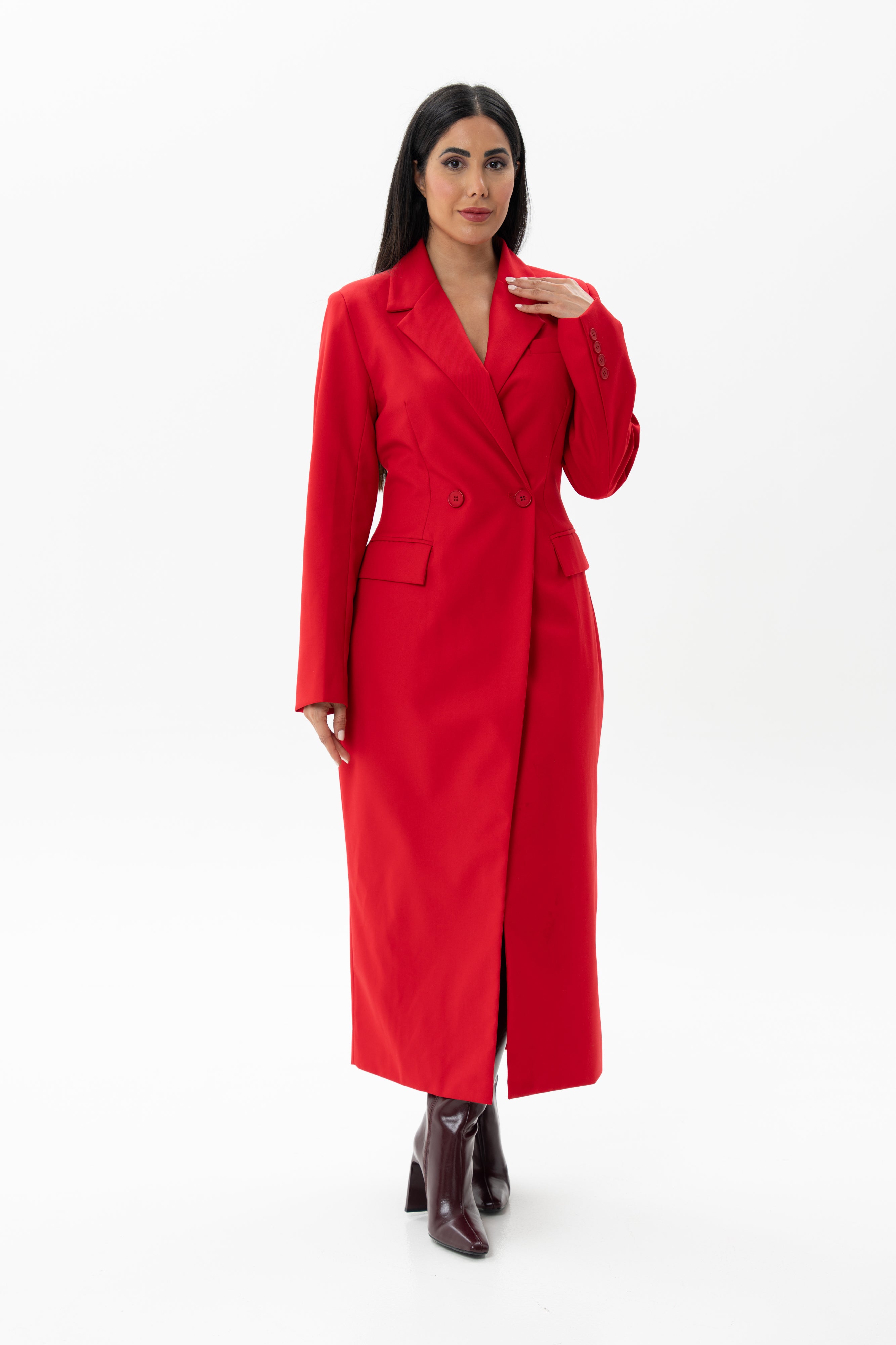 Red Long Jacket Overcoat One Piece Dress - BORNCELEBS
