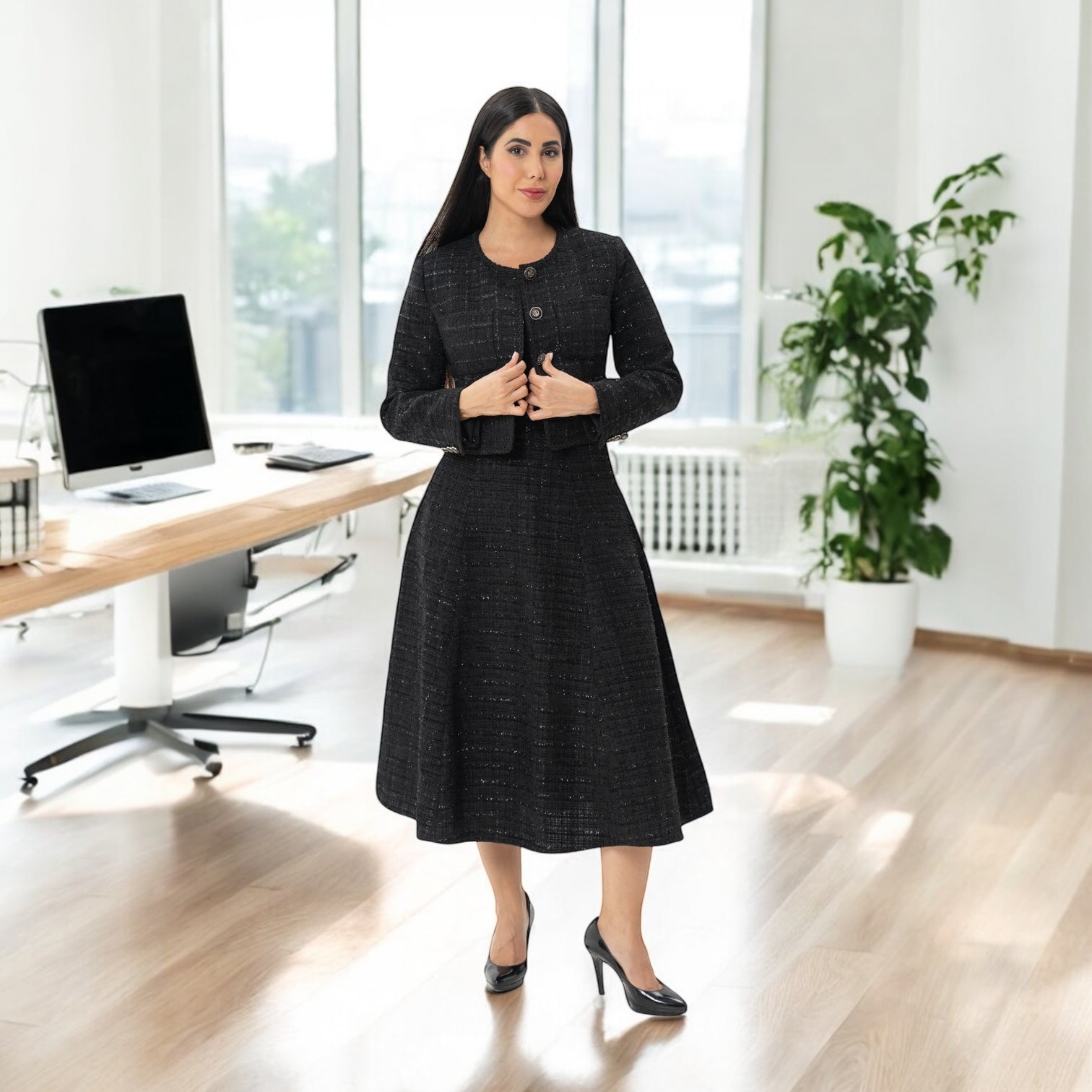 Premium Black Tweed Jacket & Skirt Matching Set - BORNCELEBS