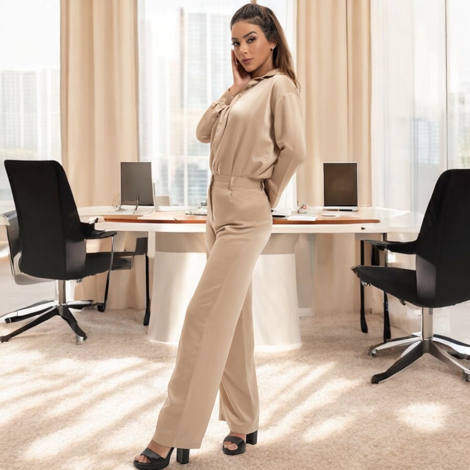 Mocha Mousse Indonesian Satin Silk Shirt and Pant Set - BORNCELEBS