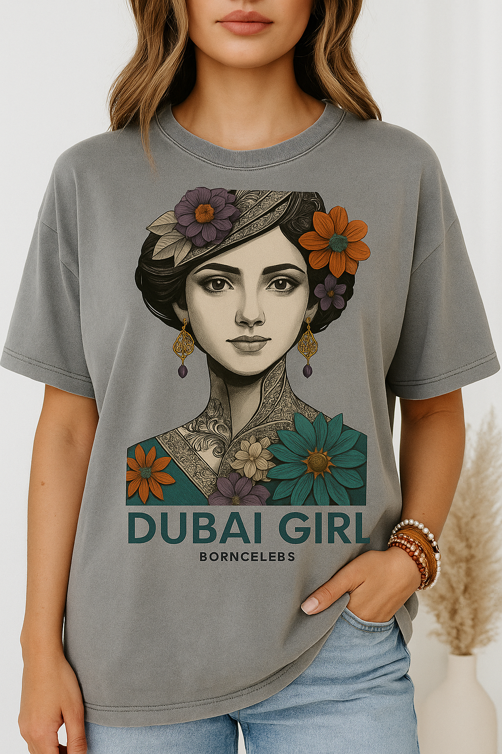 Dubai Girl Oversize Grey T-Shirt - BORNCELEBS