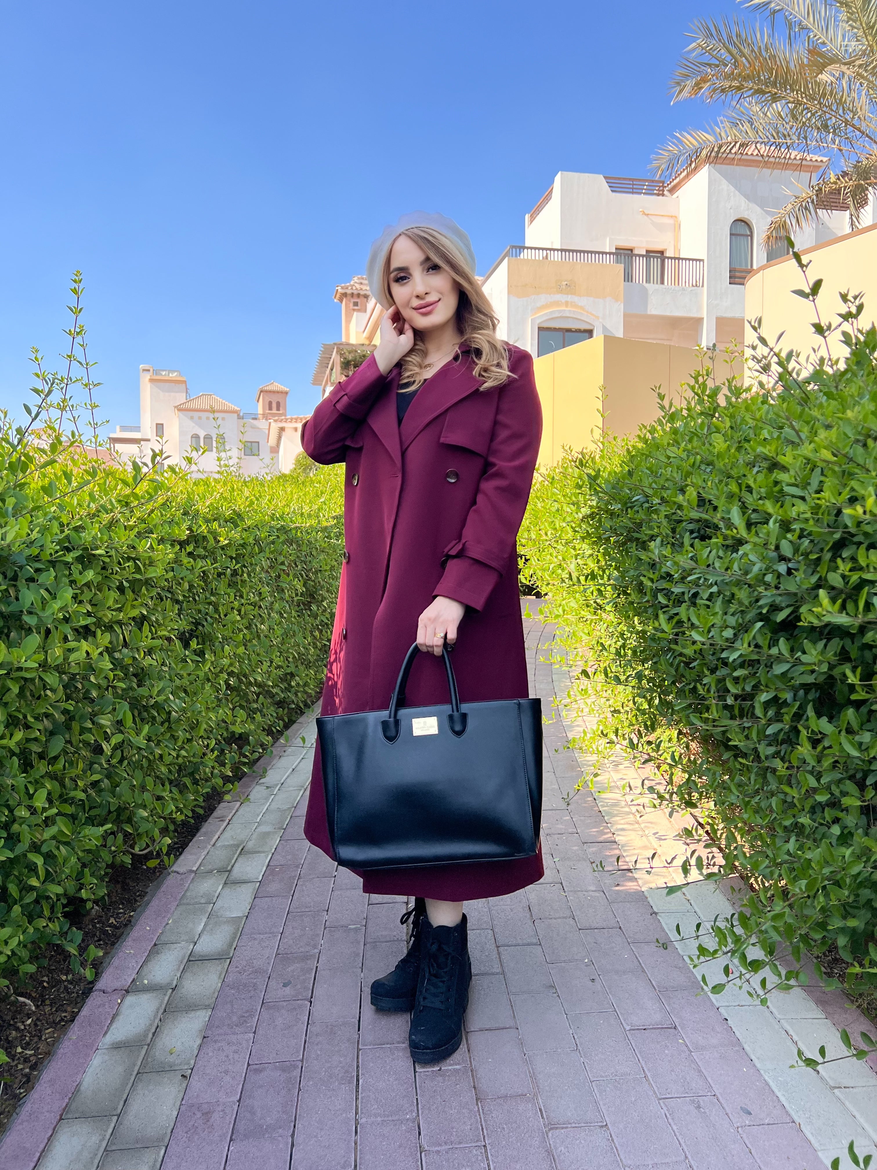 Burgundy Long Jacket Overcoat with Belt - BORNCELEBS