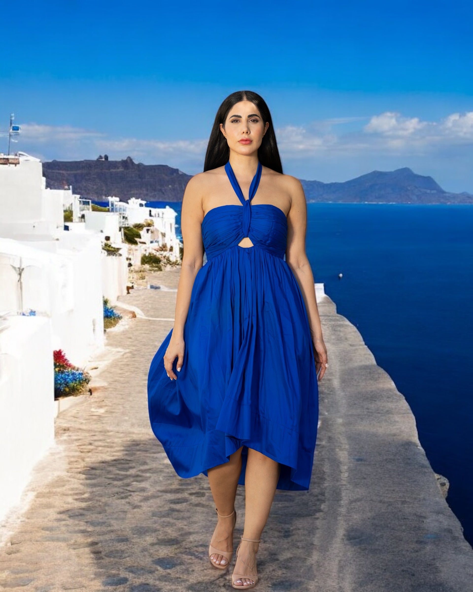 Santorini Blue Halter Neck High Low Maxi Long Dress Spring Summer - BORNCELEBS