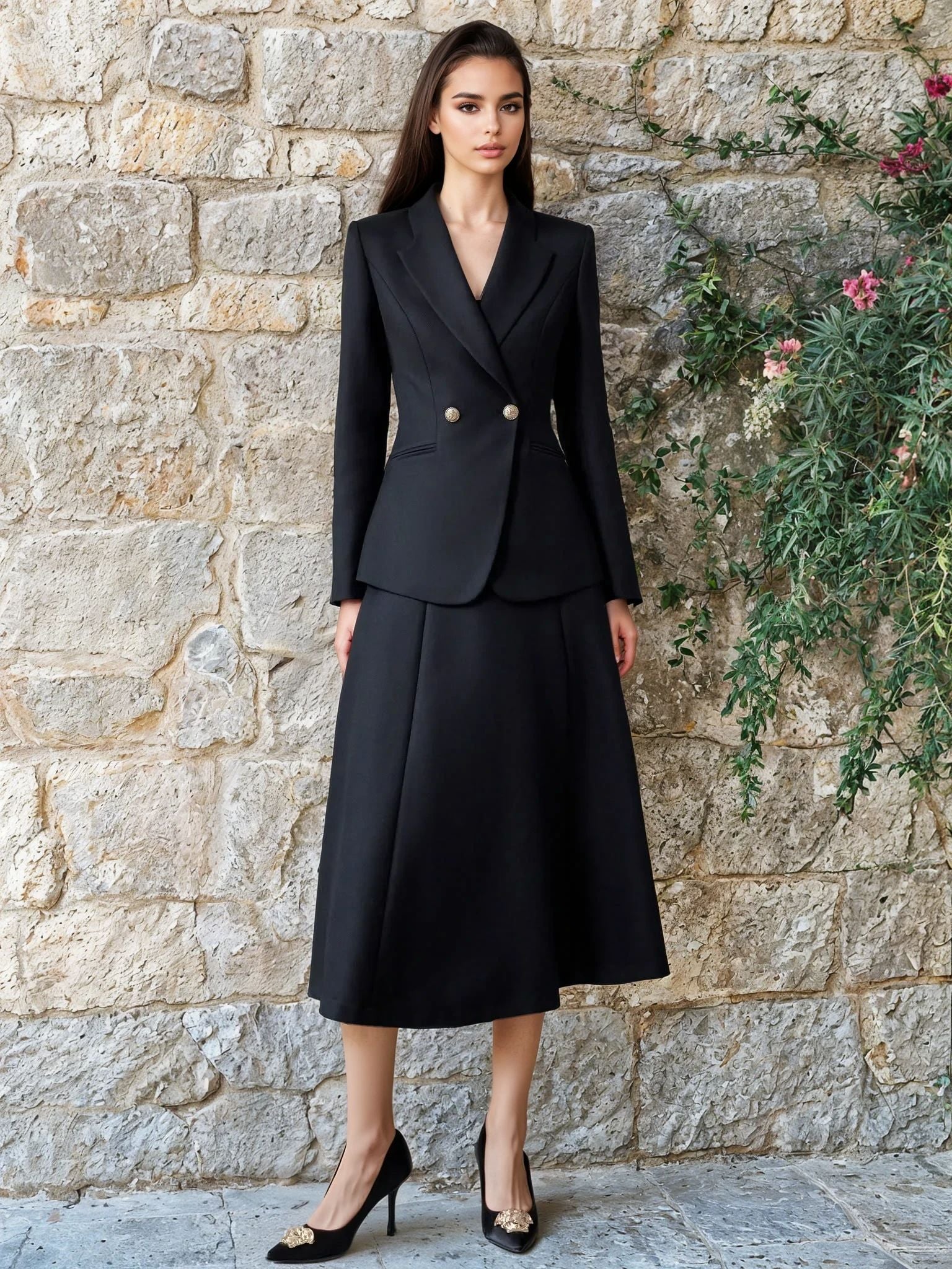 Black Blazer and Skirt Set Premium Women Fashion Spring Summer Casual Formal - BORNCELEBS