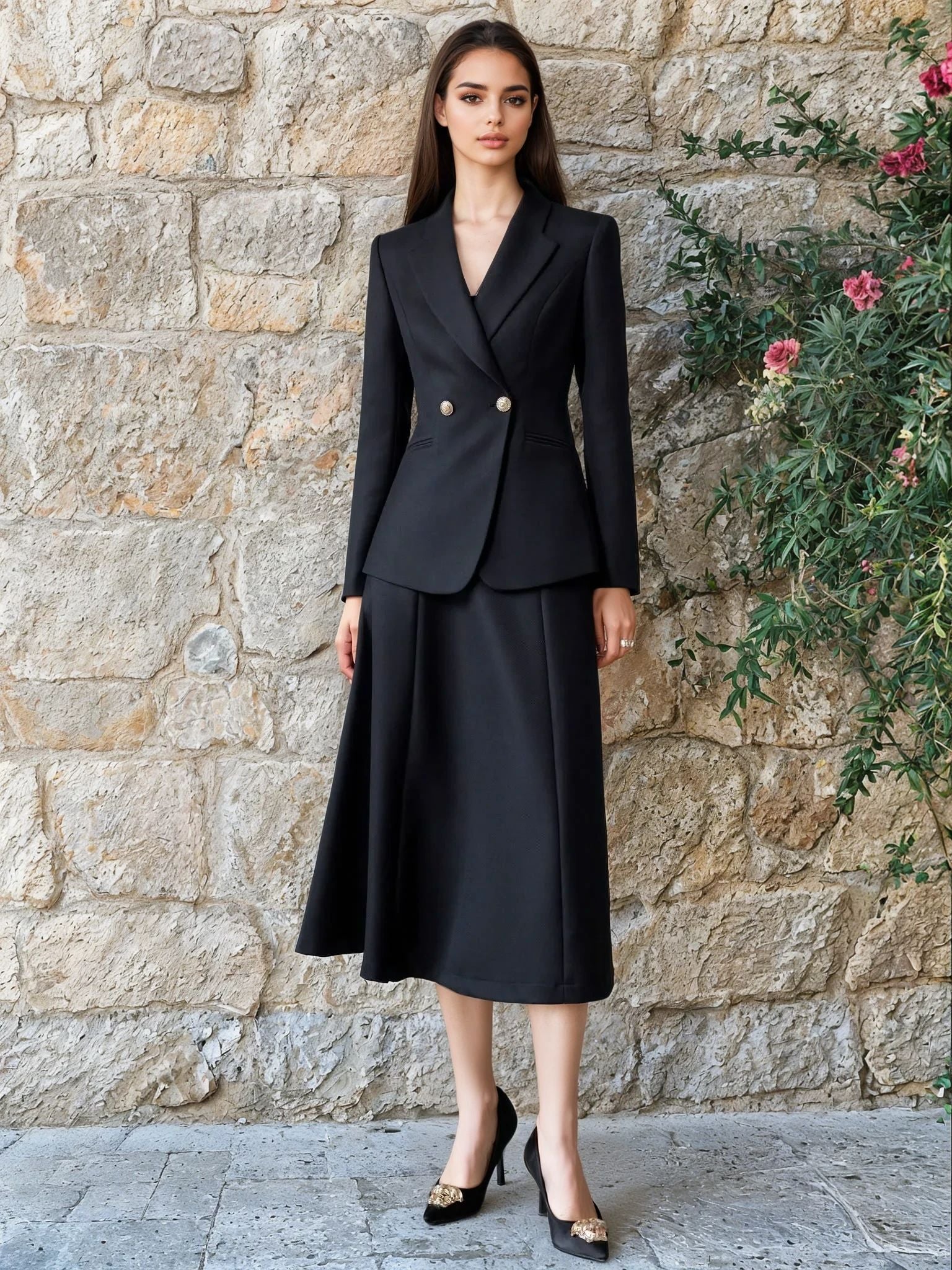 Black Blazer and Skirt Set Premium Women Fashion Spring Summer Casual Formal - BORNCELEBS