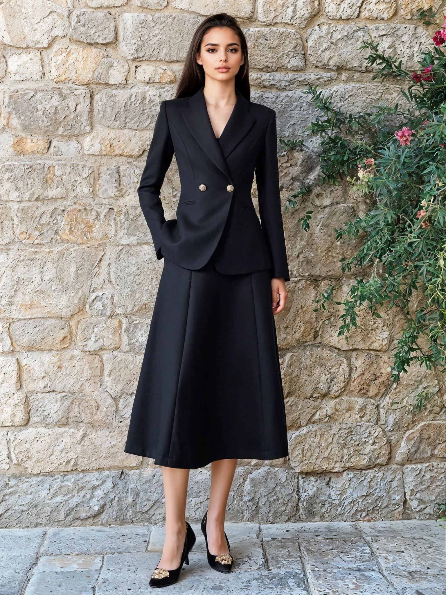Black Blazer and Skirt Set Premium Women Fashion Spring Summer Casual Formal - BORNCELEBS