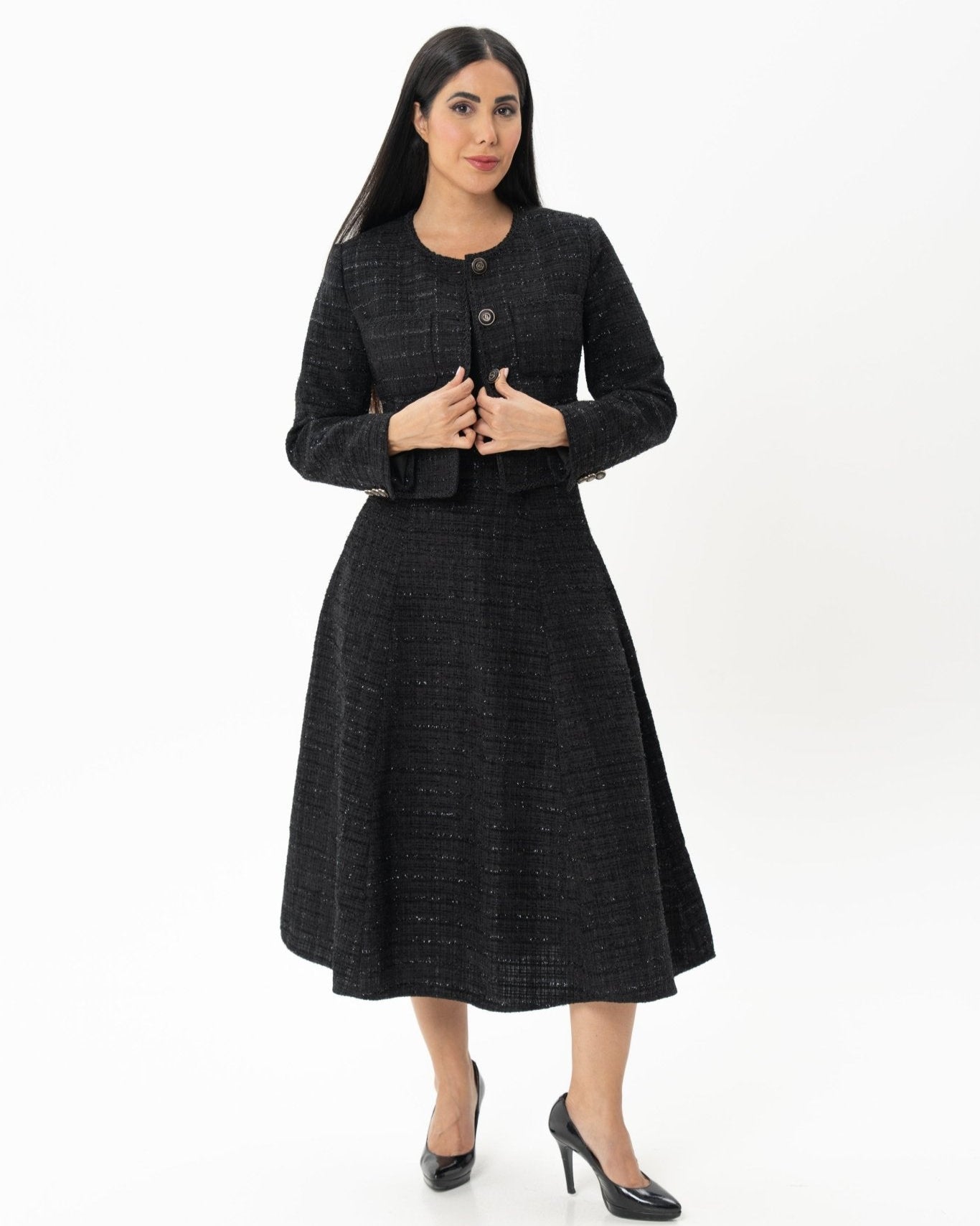 Black Tweed Jacket & Skirt Co - ord Set - BORNCELEBS