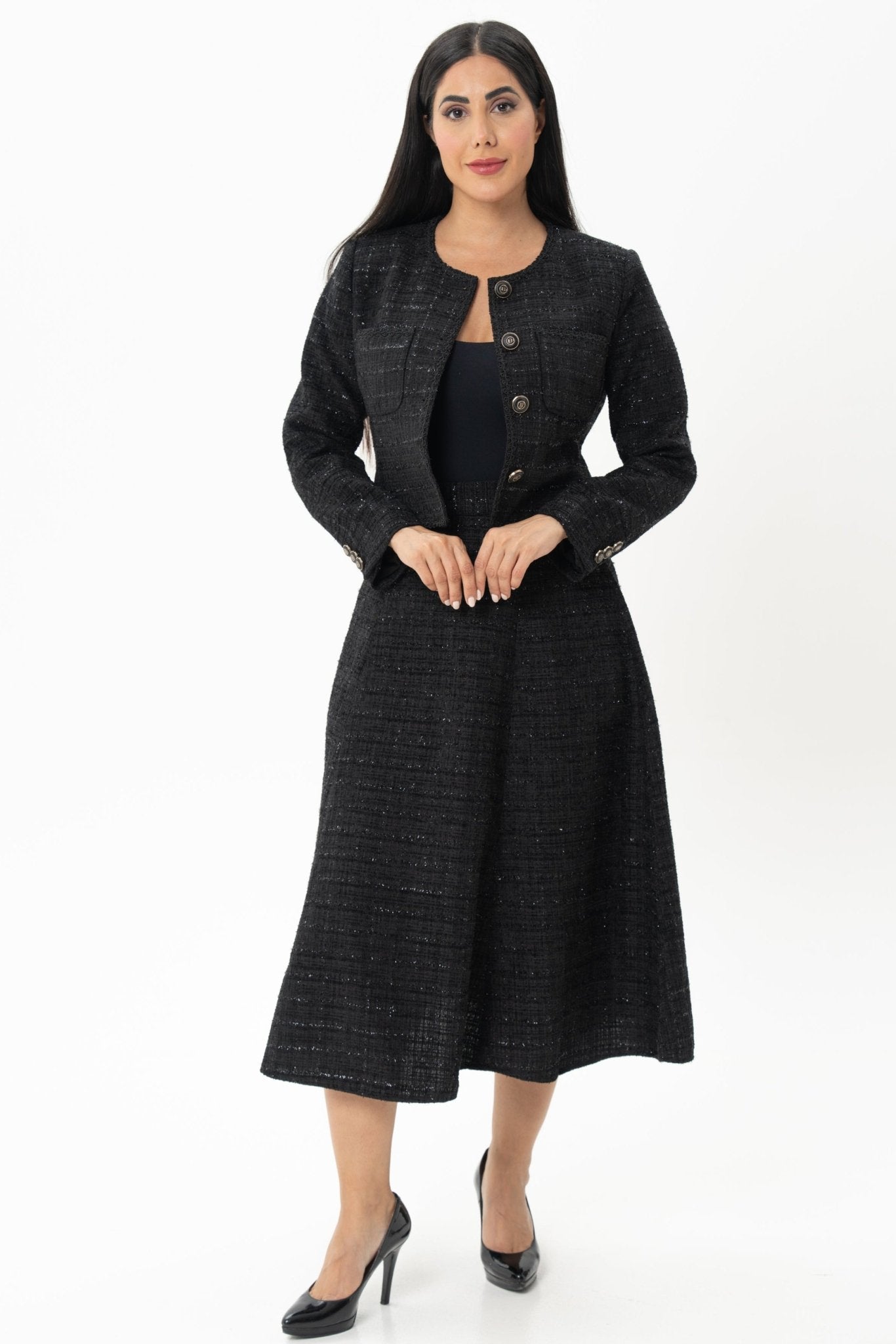 Black Tweed Jacket & Skirt Co - ord Set - BORNCELEBS