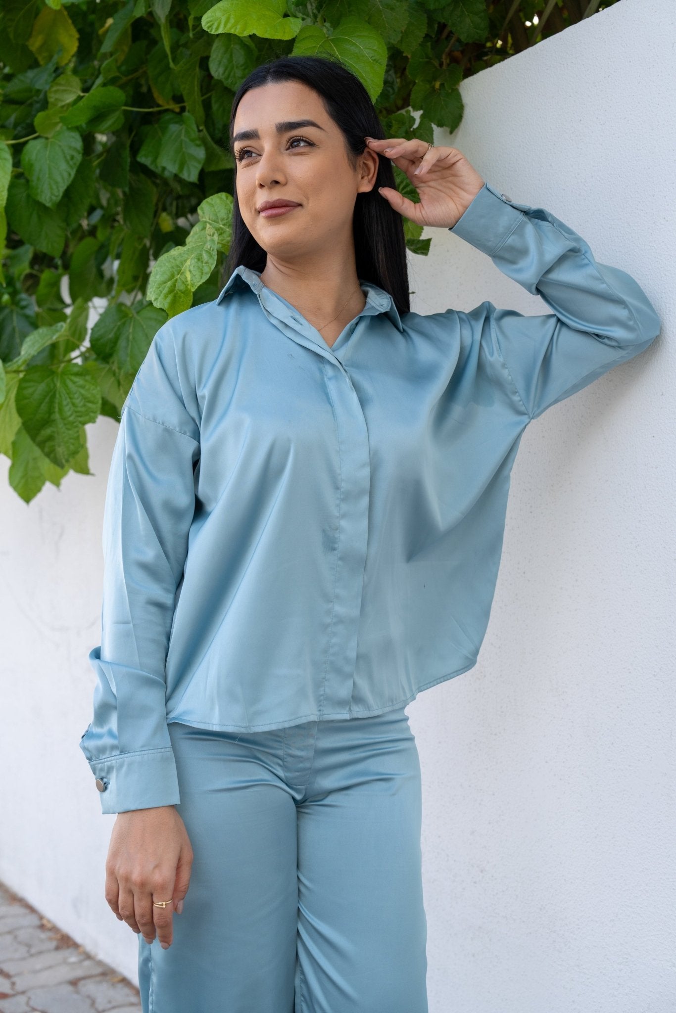 Blue Indonesian Satin Silk Shirt and Pant Co - Ord Set - BORNCELEBS