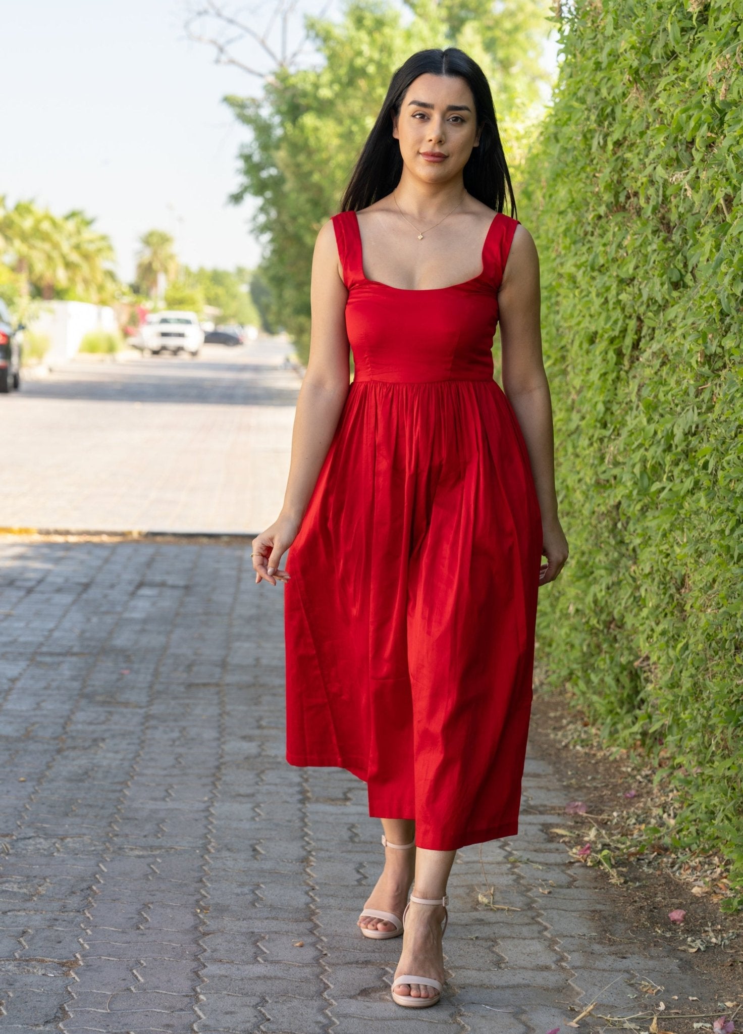 Bold Red Cotton Long Dress - BORNCELEBS
