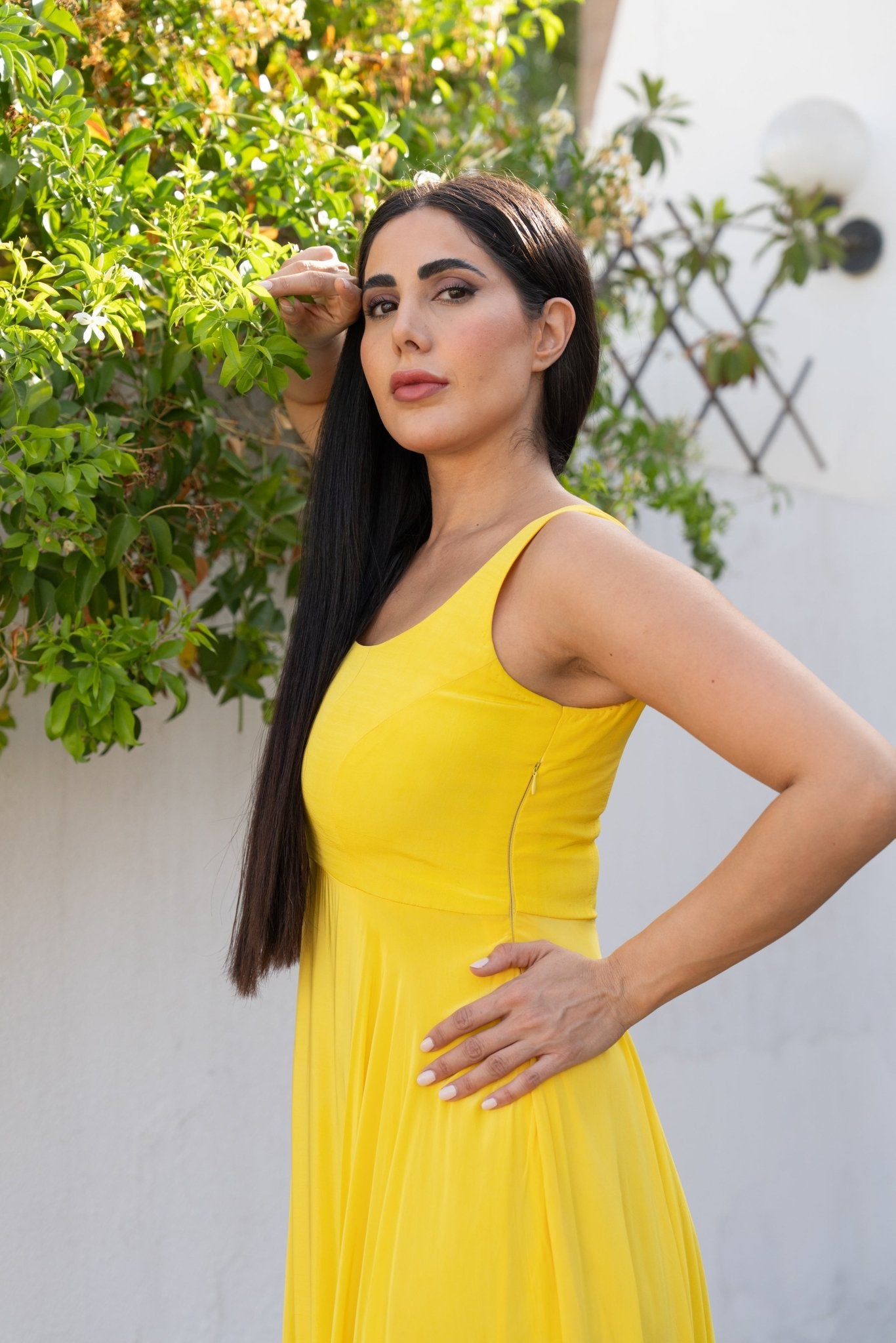 Bright Silky Yellow Long Flared Dress - BORNCELEBS
