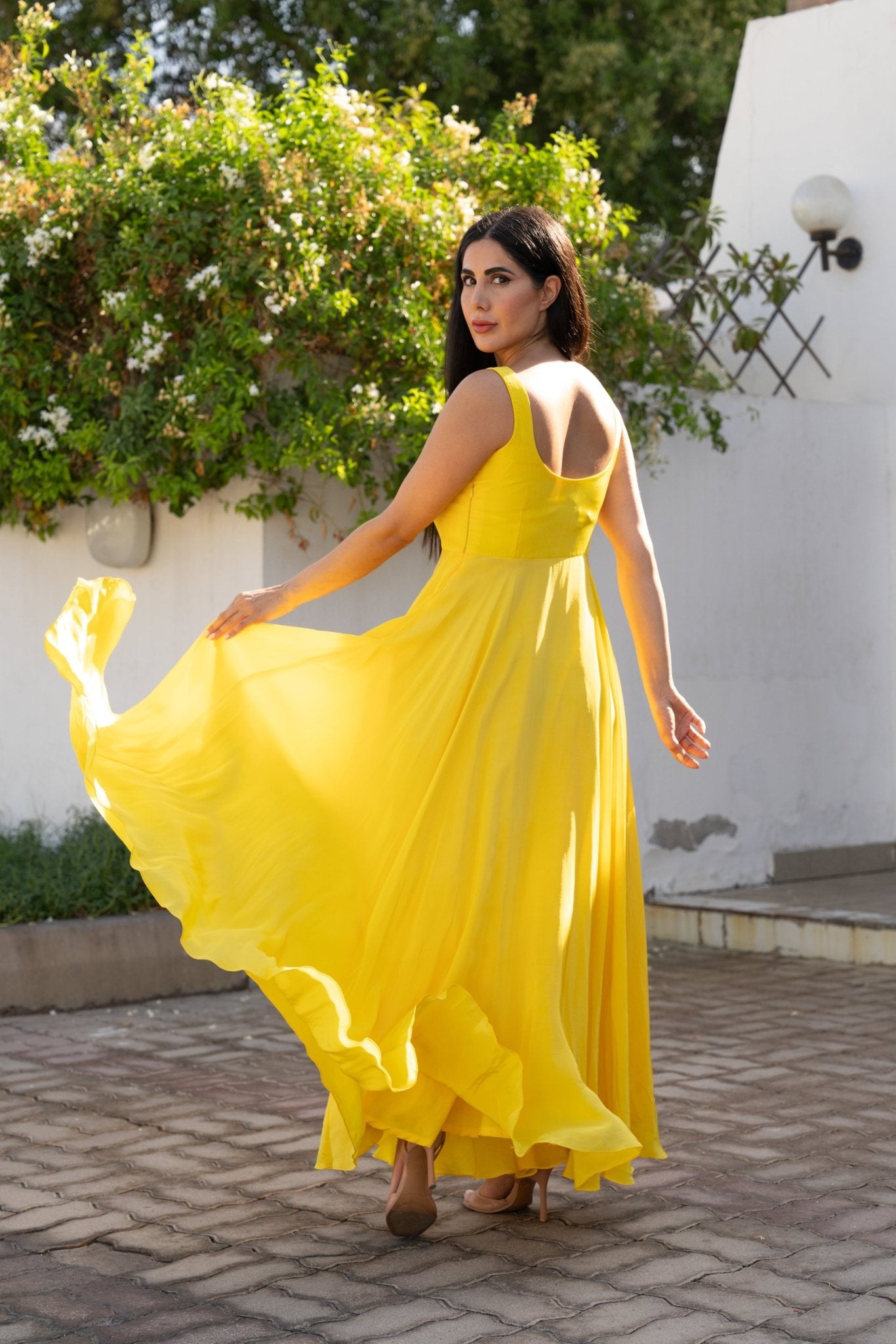 Bright Silky Yellow Long Flared Dress - BORNCELEBS