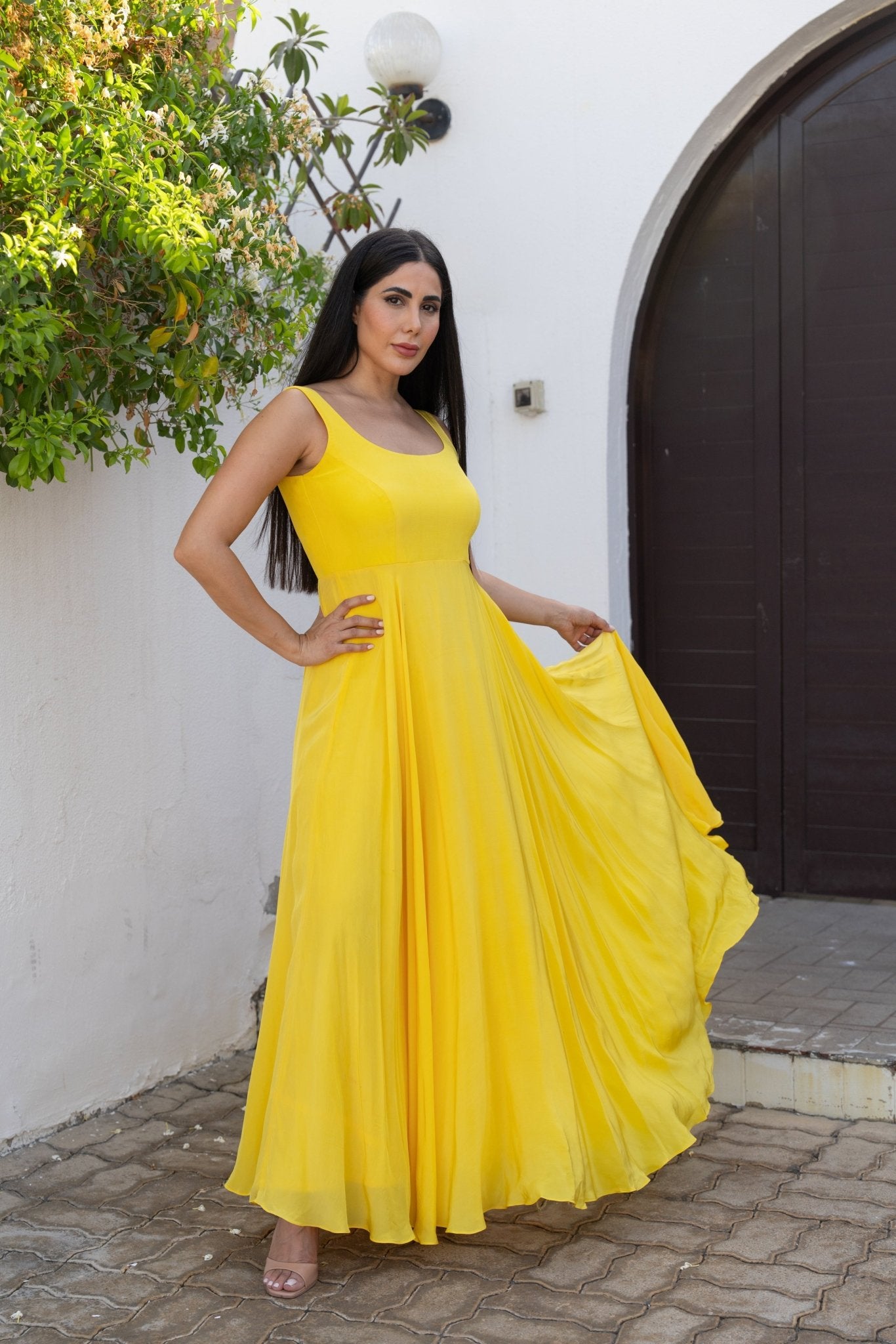 Bright Silky Yellow Long Flared Dress - BORNCELEBS