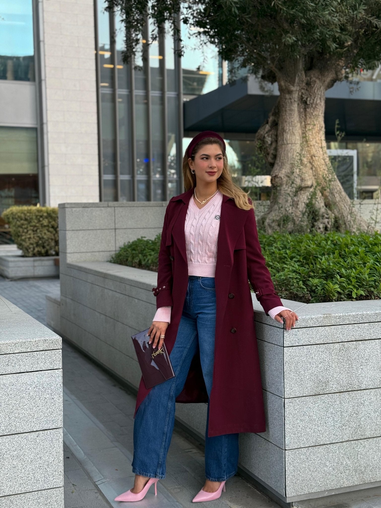 Burgundy Long Jacket Overcoat with Belt - BORNCELEBS