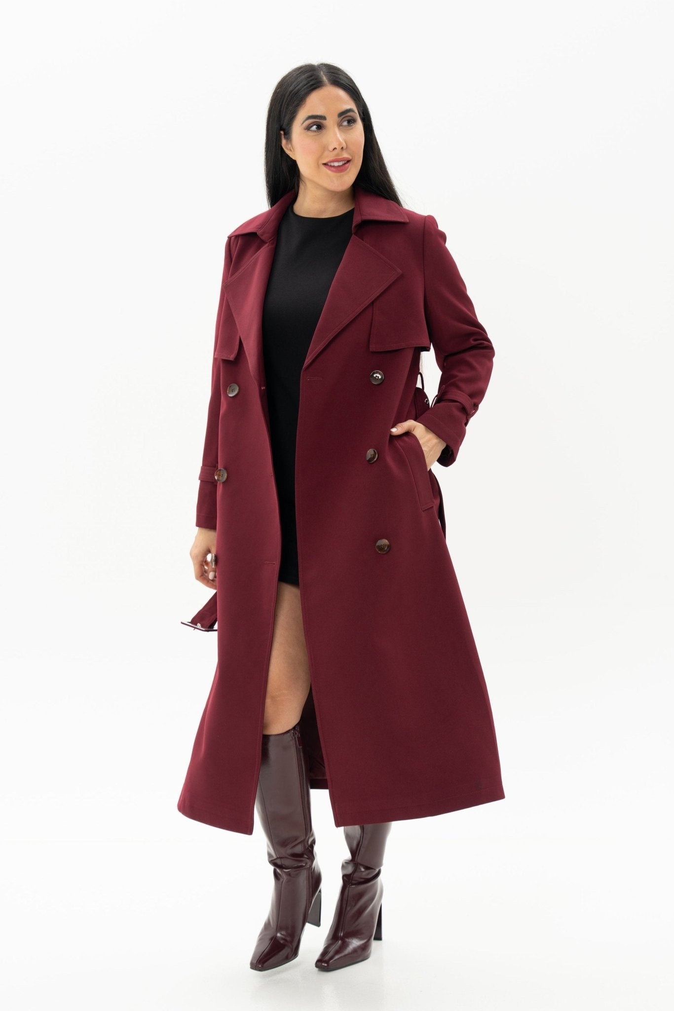 Burgundy Long Jacket Overcoat with Belt - BORNCELEBS