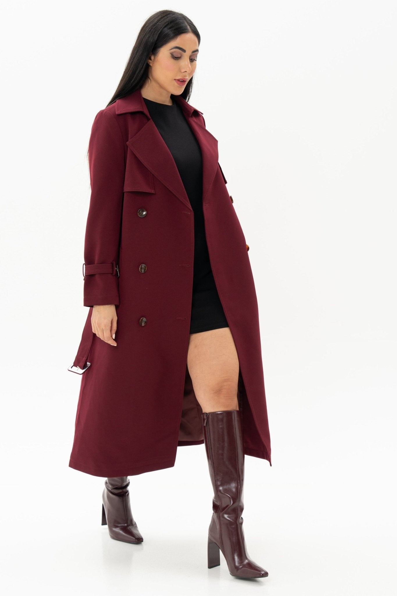 Burgundy Long Jacket Overcoat with Belt - BORNCELEBS