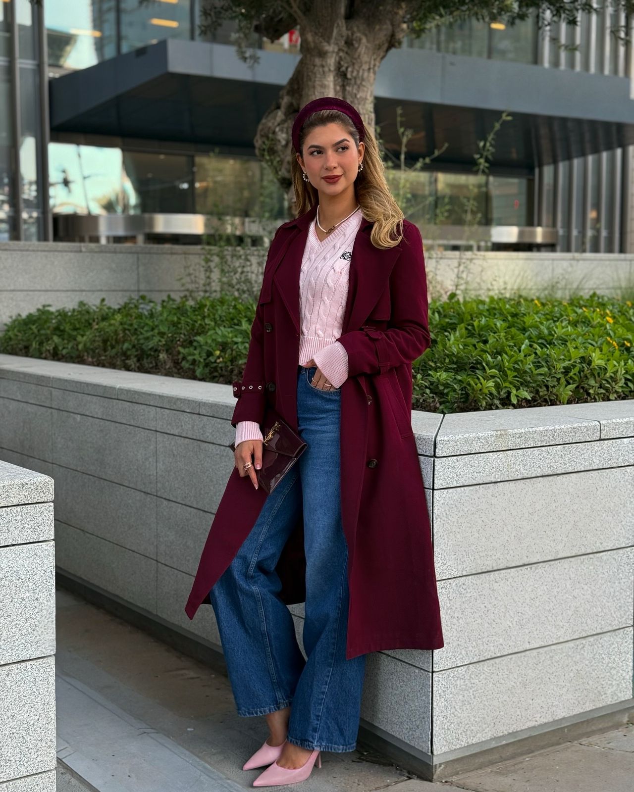 Burgundy Long Jacket Overcoat with Belt - BORNCELEBS