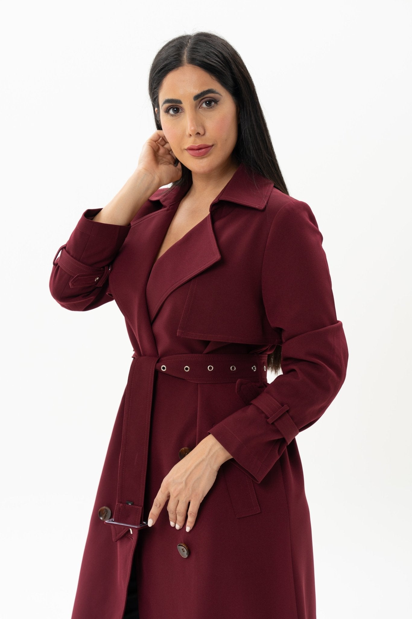 Burgundy Long Jacket Overcoat with Belt - BORNCELEBS