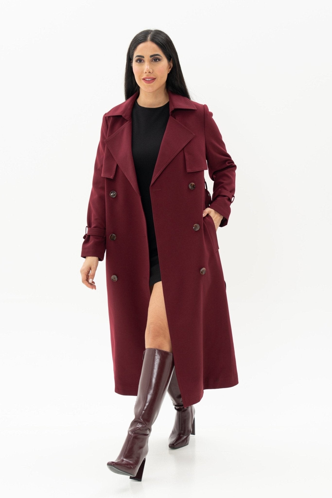 Burgundy Long Jacket Overcoat with Belt - BORNCELEBS