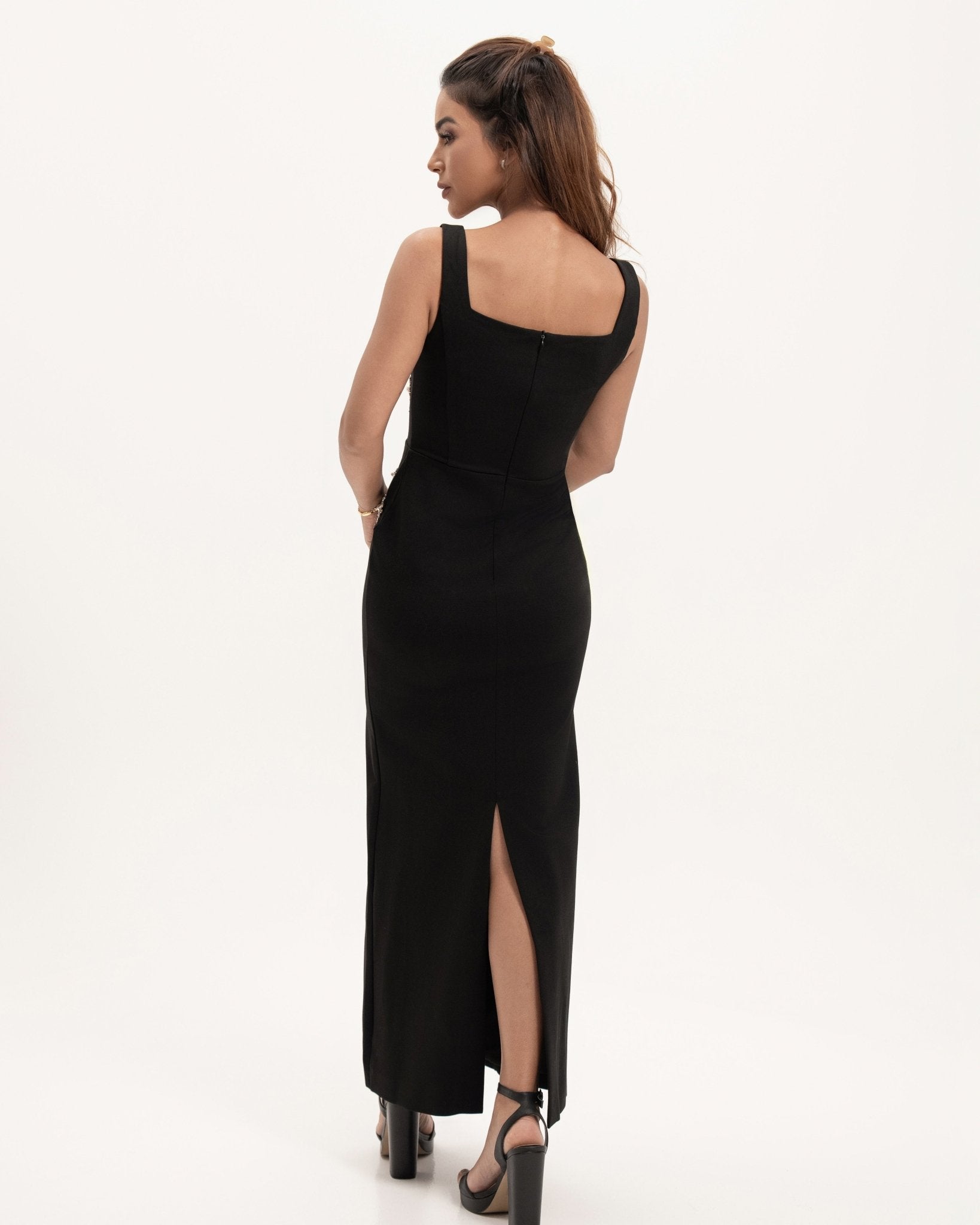 Fitted Black Dress with Embroidery - BORNCELEBS