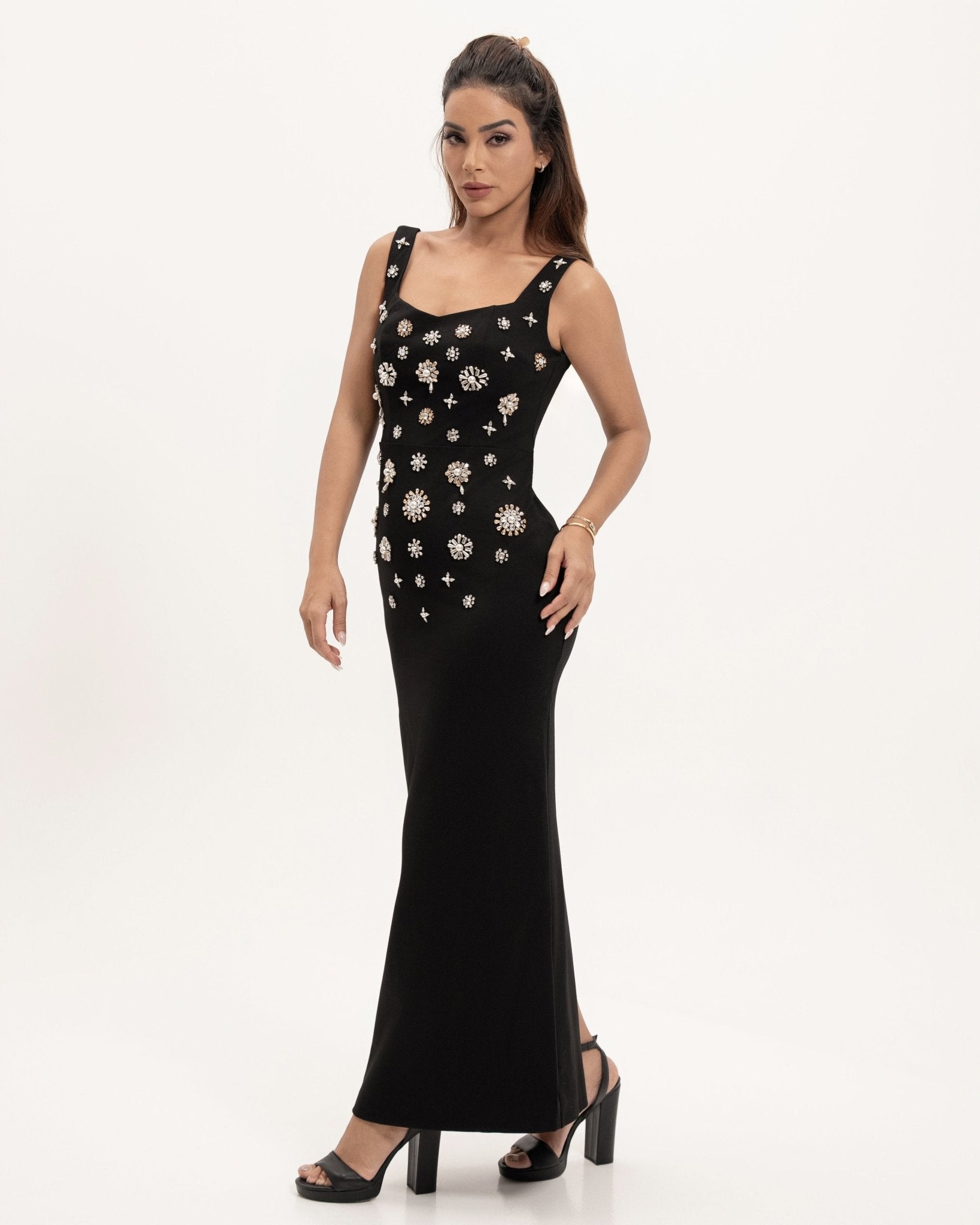 Fitted Black Dress with Embroidery - BORNCELEBS