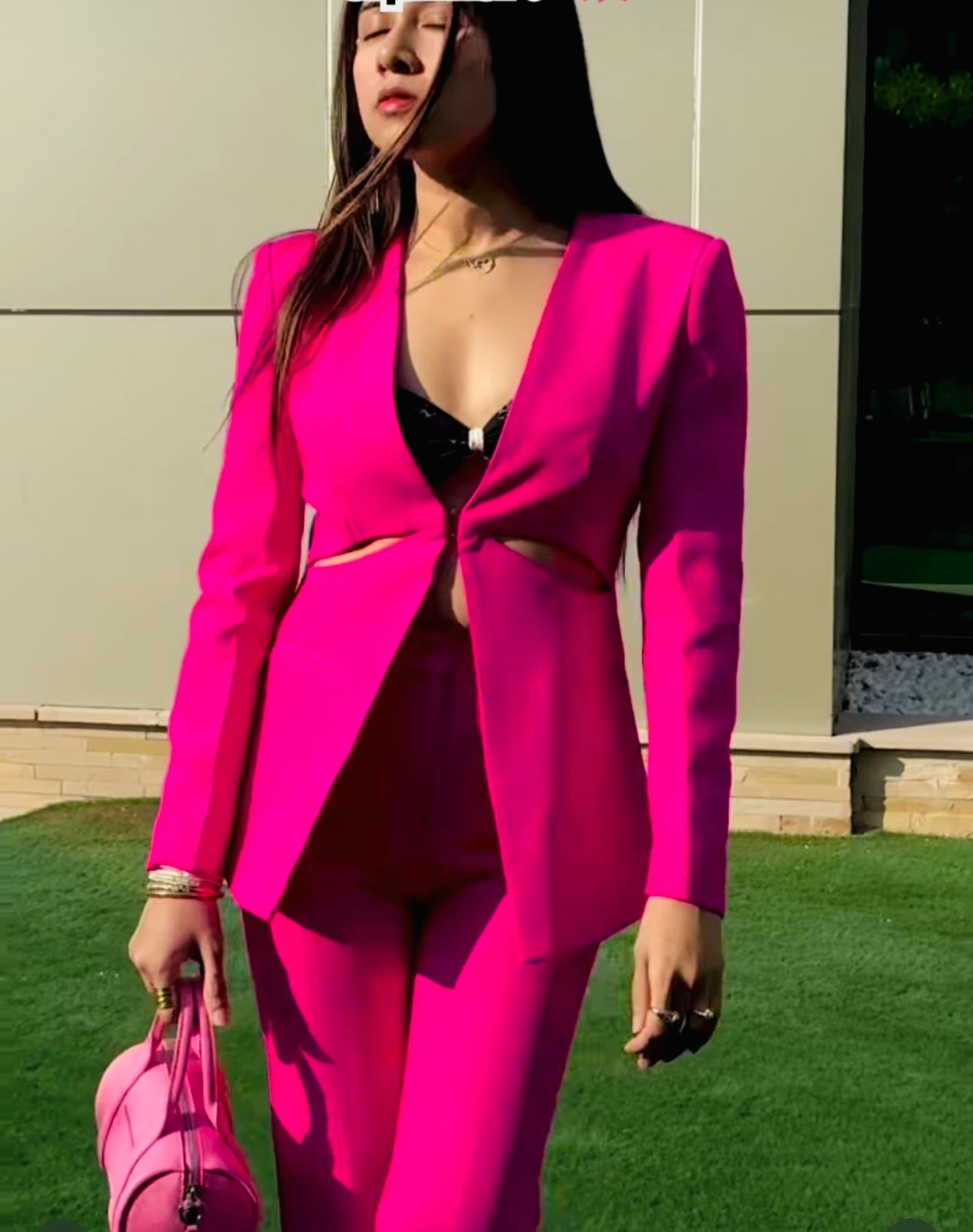 Fuschia Pink Cut - Out Jacket and Pant Set - BORNCELEBS
