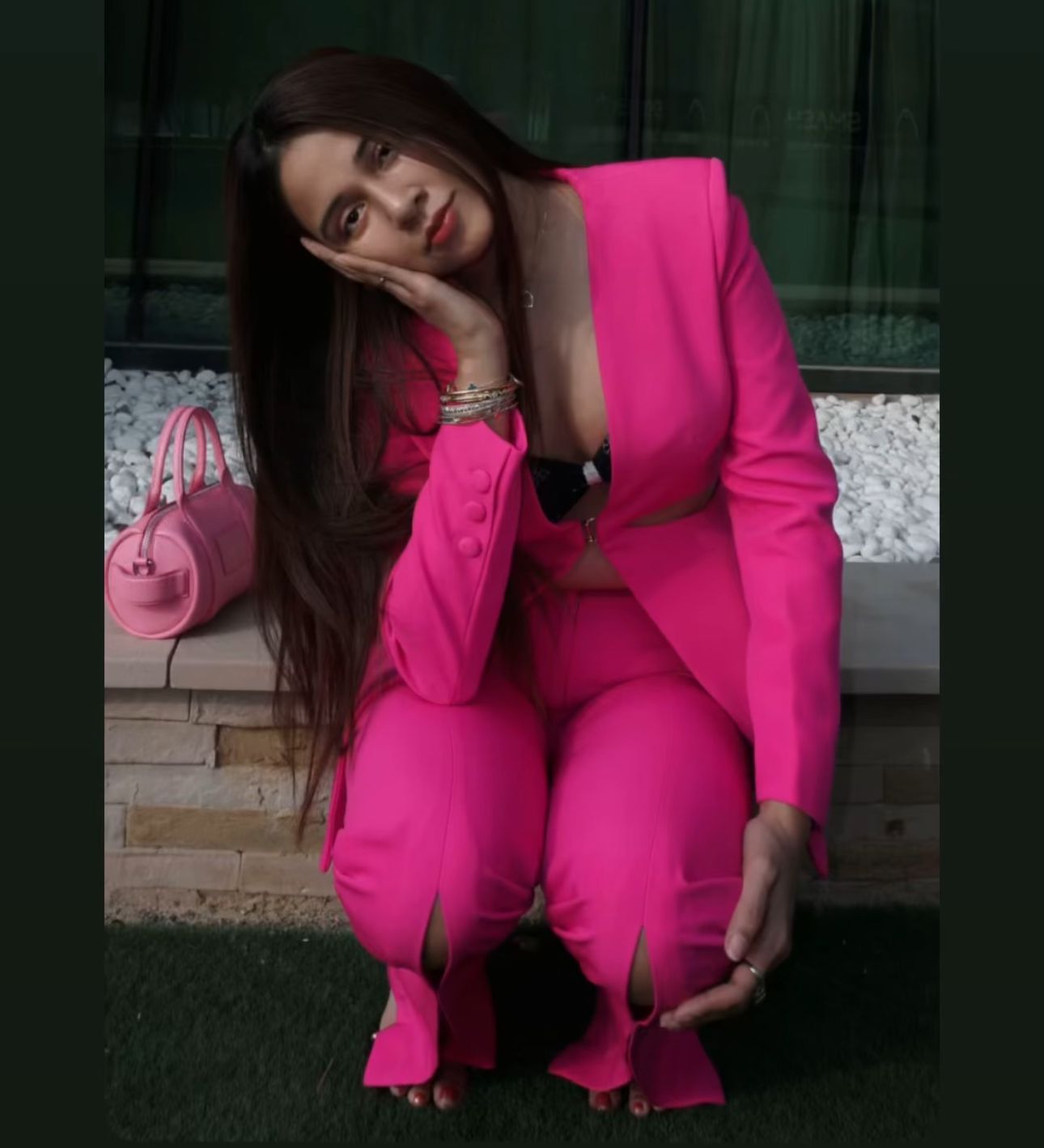 Fuschia Pink Cut - Out Jacket and Pant Set - BORNCELEBS