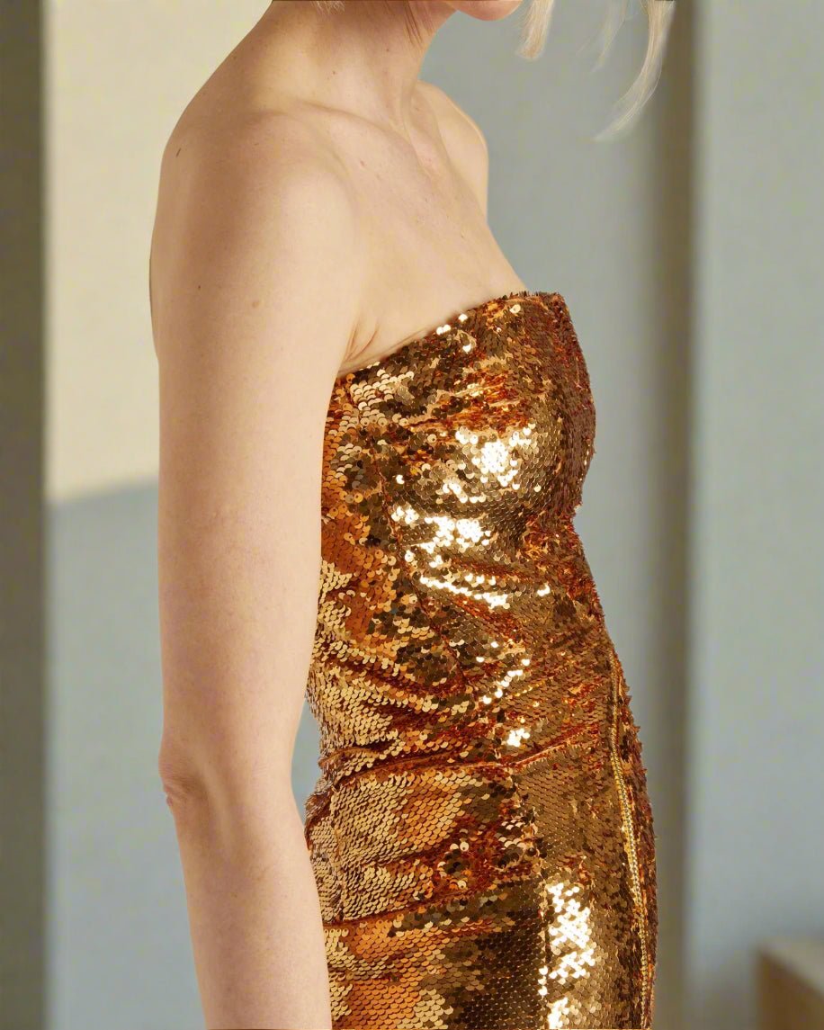 Gold Shimmer Midi Tube Sleeveless Dress - BORNCELEBS