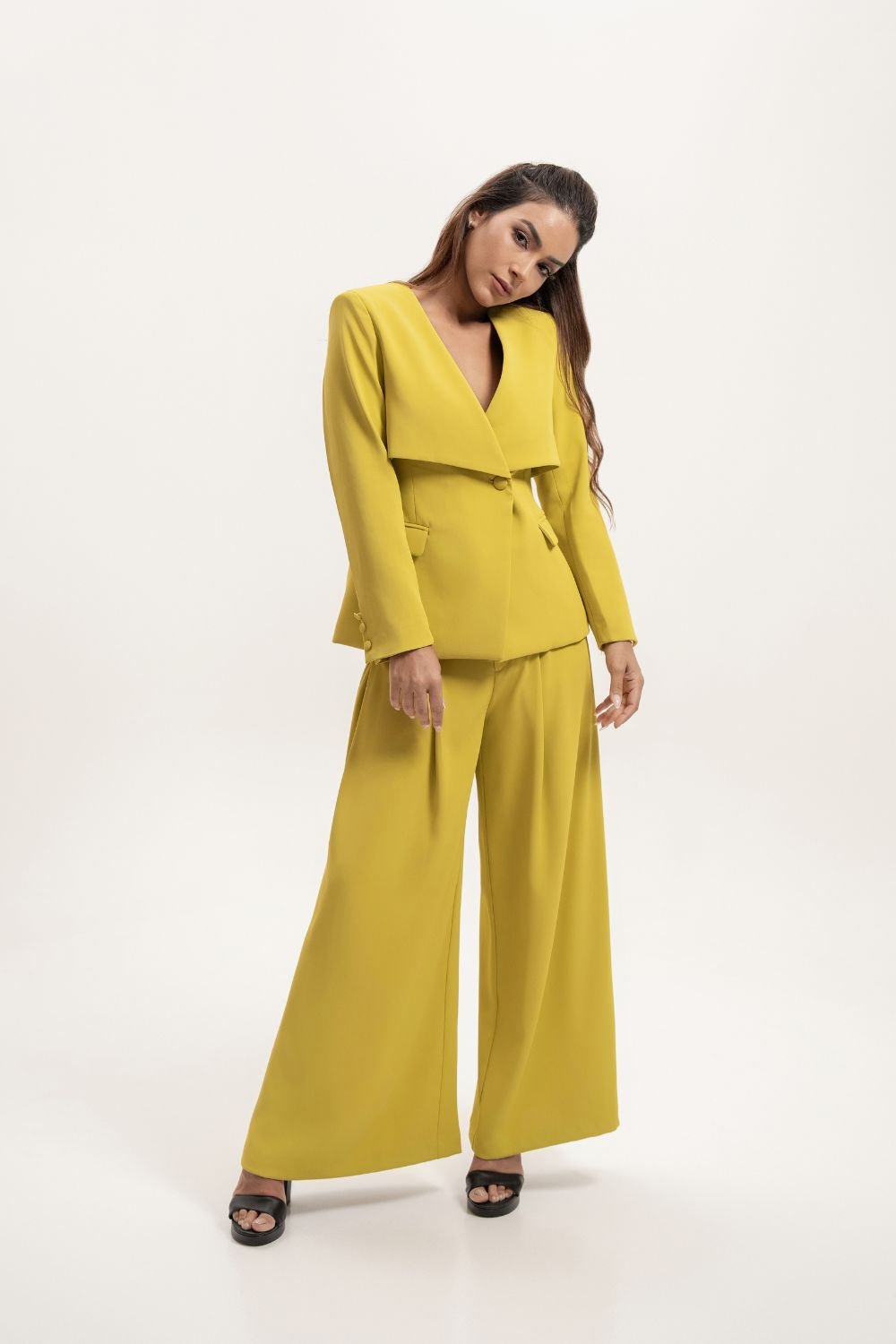 Lime Green Blazer and Wide Leg Trouser Co - Ord Set - BORNCELEBS