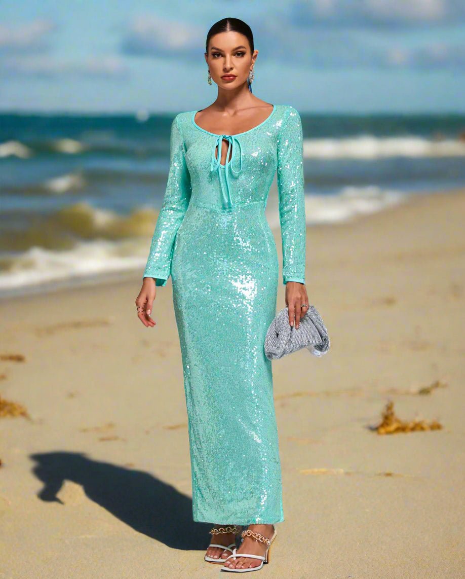Long Shimmer Dress Turquoise - BORNCELEBS