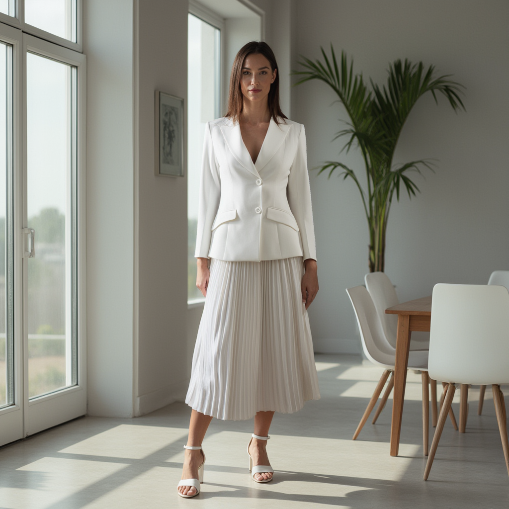 White Blazer and Pleated Skirt Co-ord Set Spring Summer - BORNCELEBS