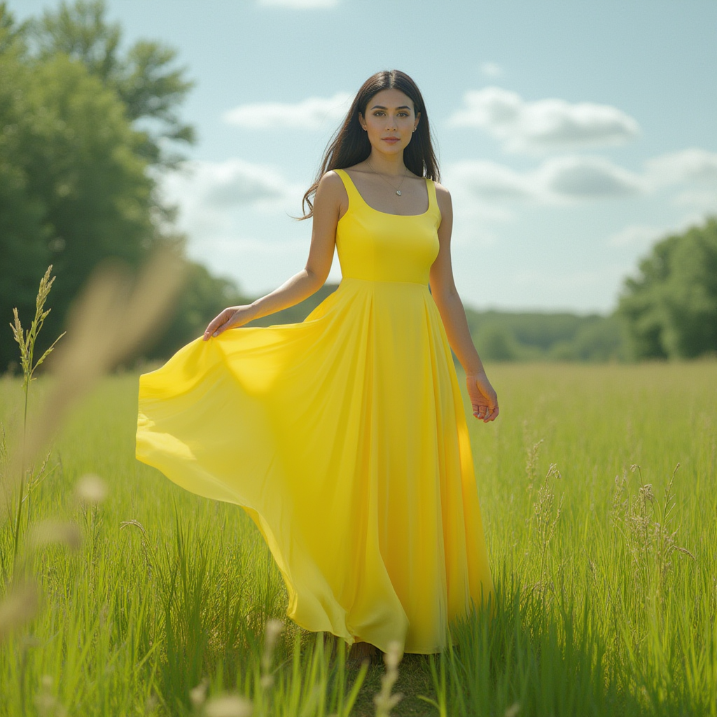 Viscose Silk Yellow Maxi Long Flared Dress Spring Summer - BORNCELEBS