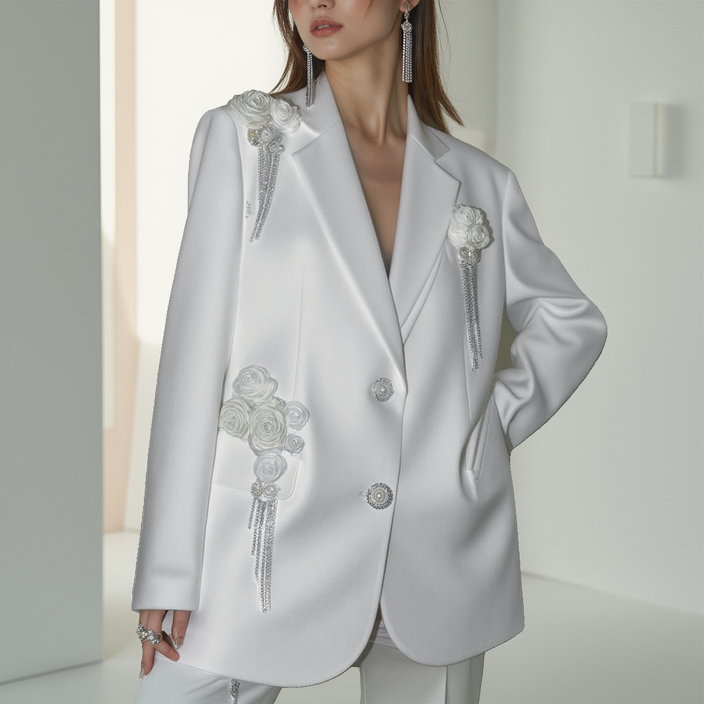 White Oversize Rose Blazer Spring Summer - BORNCELEBS