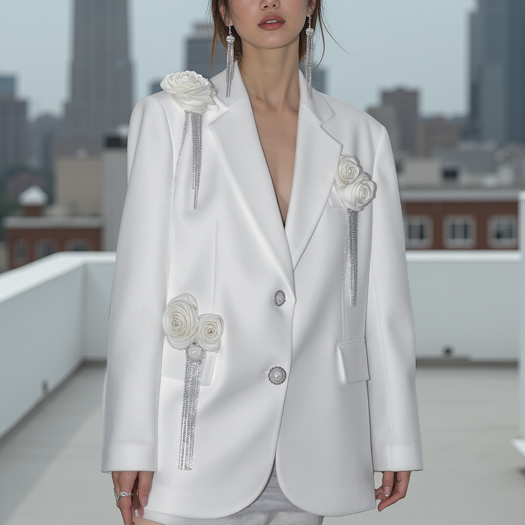 White Oversize Rose Blazer Spring Summer - BORNCELEBS
