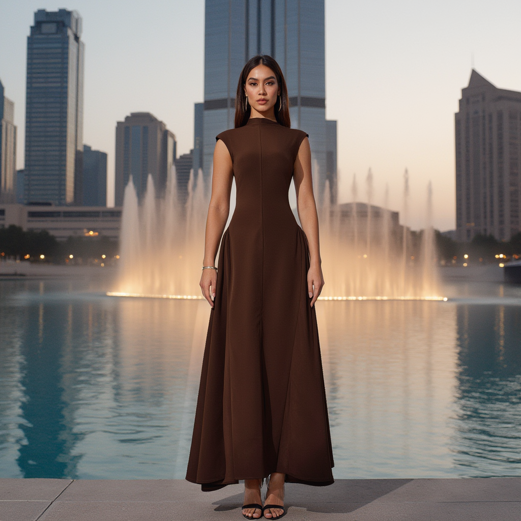 Mocha Long Dress Cap Sleeves - BORNCELEBS