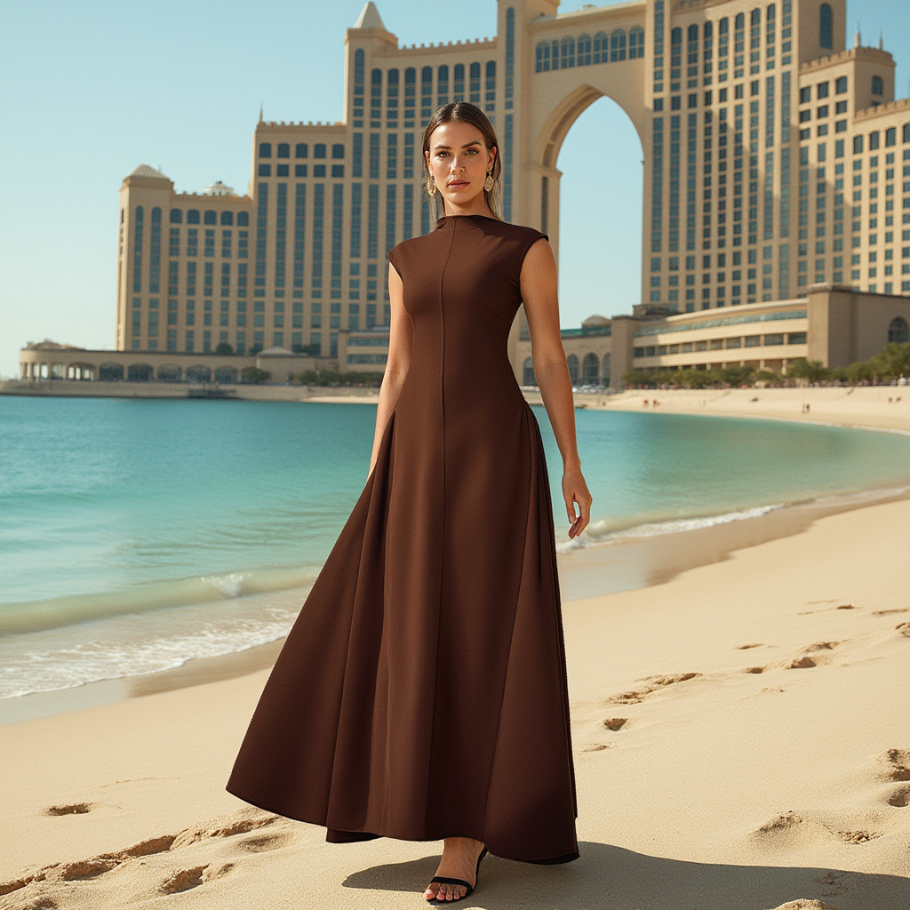 Mocha Long Dress Cap Sleeves - BORNCELEBS