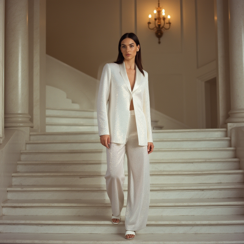 White Blazer and Trouser in Sequence Embroidery Co-ord Set - BORNCELEBS