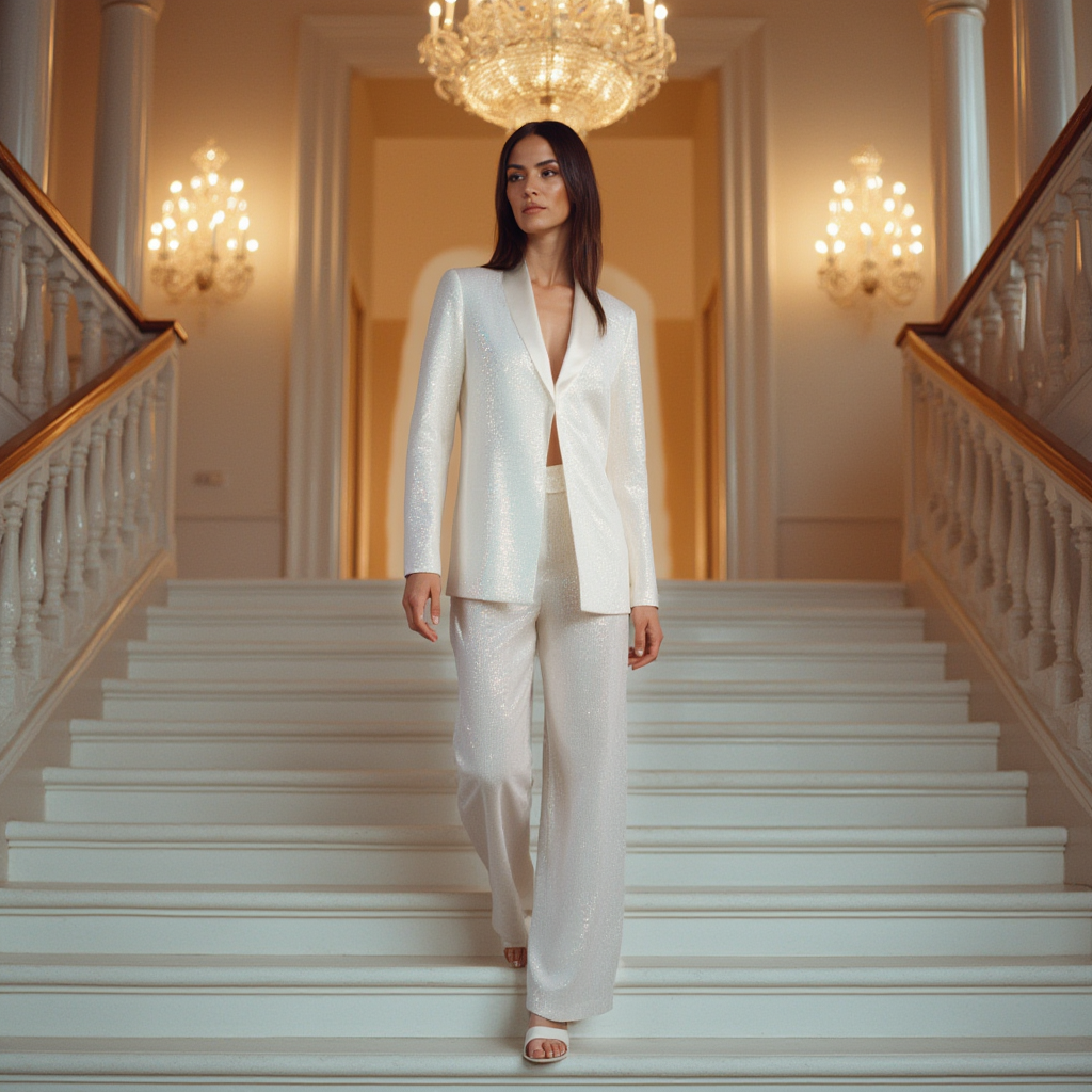 White Blazer and Trouser in Sequence Embroidery Co-ord Set - BORNCELEBS