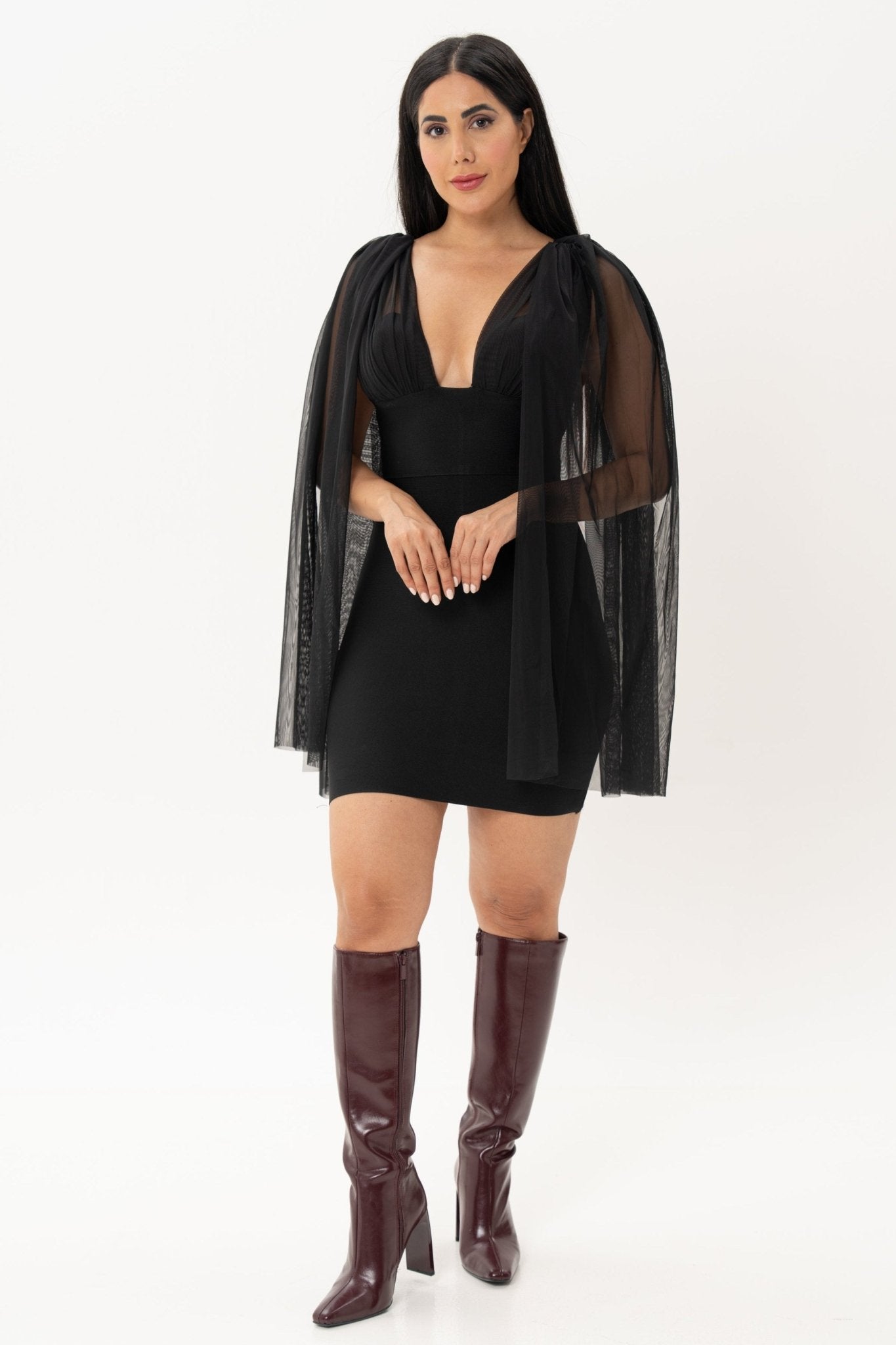 Mini Black Party Dress Fitted with Net Robe - BORNCELEBS
